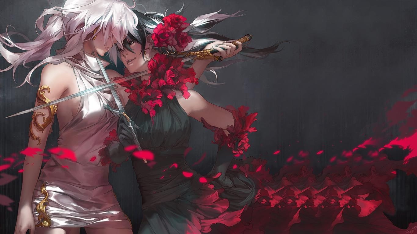 720P, carciphona, swords, anime girls, anime, girls, HD Wallpaper
