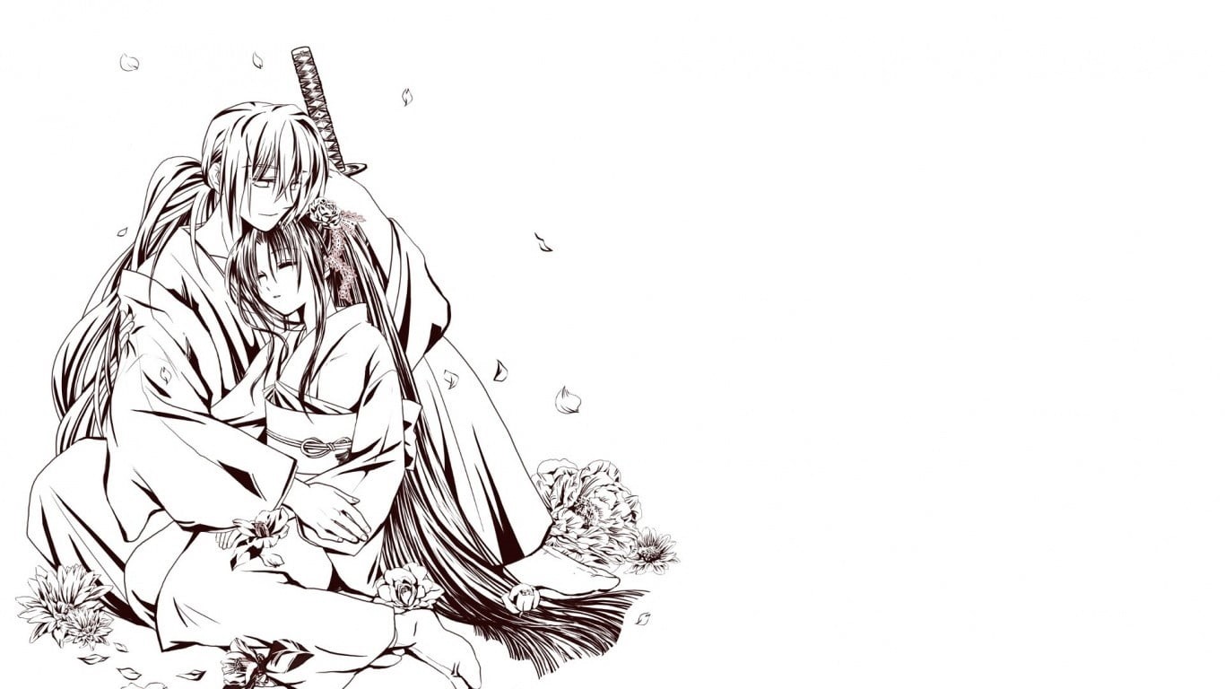 indoors, anime girls, white background, Rurouni Kenshin, monochrome, representation, breaking, no people, anime boys, copy space, anime, 720P, art and craft, HD Wallpaper