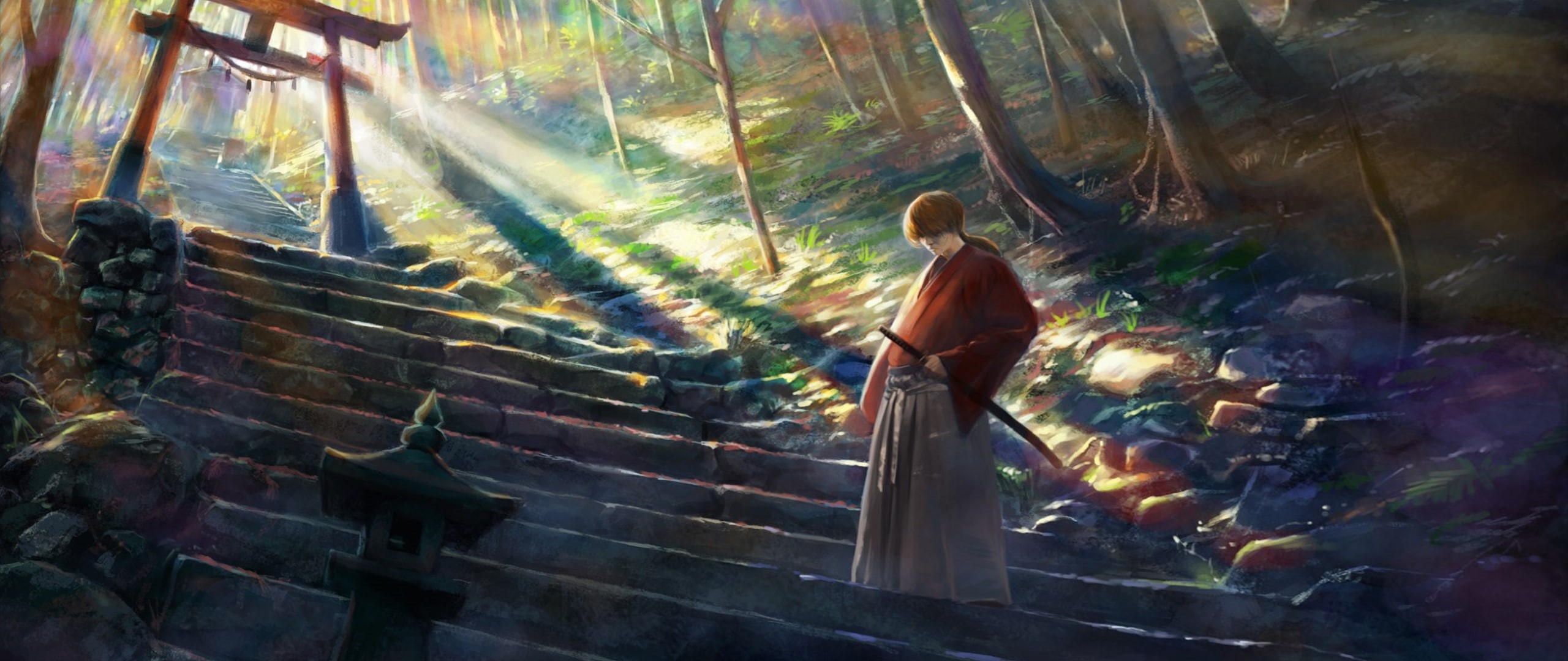 forest, tree, young adult, anime boys, three quarter length, sunbeam, steps and staircases, standing, Rurouni Kenshin, casual clothing, outdoors, adult, HD Wallpaper