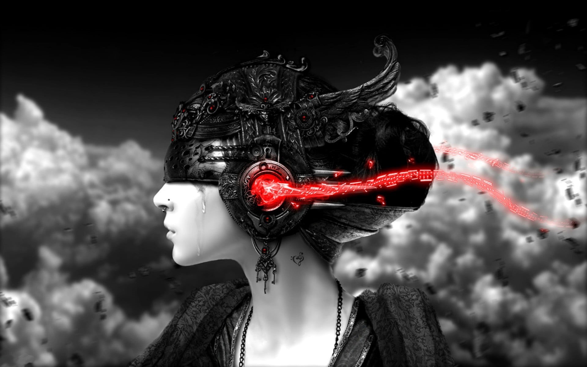 sky, close-up, women, lifestyles, outdoors, leisure activity, woman, music, robot, representation, 1080P, crying, headphones, human representation, HD Wallpaper