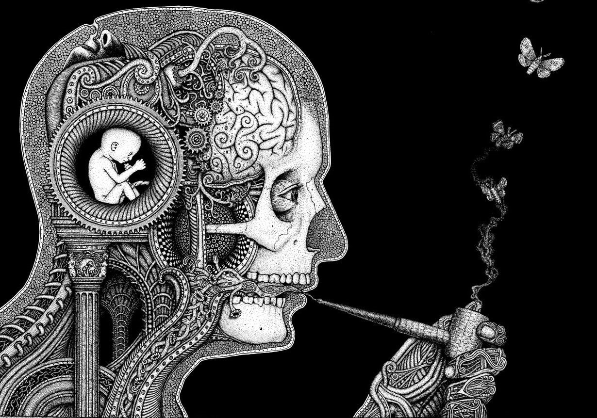monochrome, people, artwork, brain, face, 480P, surreal, skull, HD Wallpaper