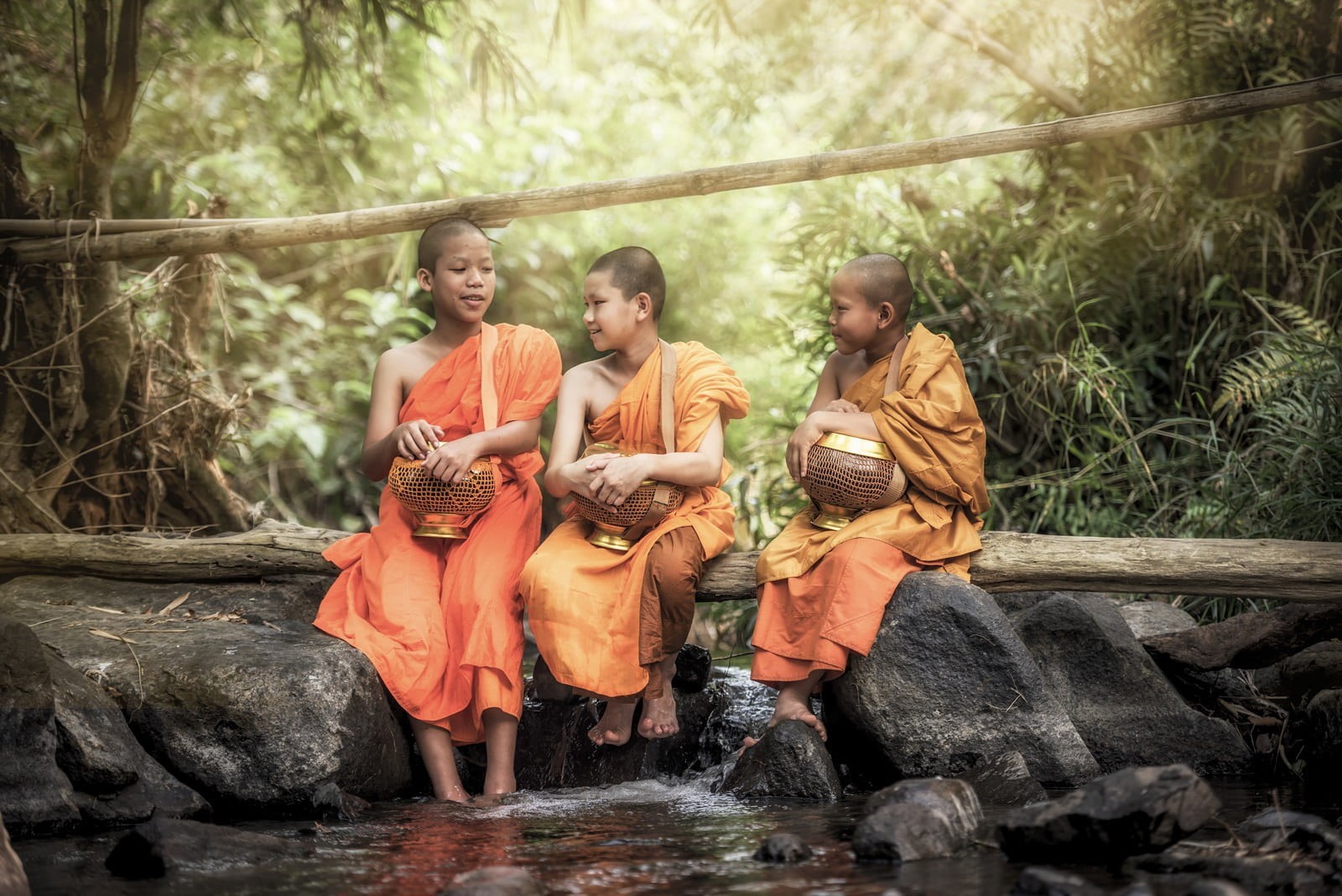 nature, men, forest, rock, monks, lifestyles, water, outdoors, land, group of people, women, friendship, Thailand, sitting, front view, 720P, adult, people, HD Wallpaper