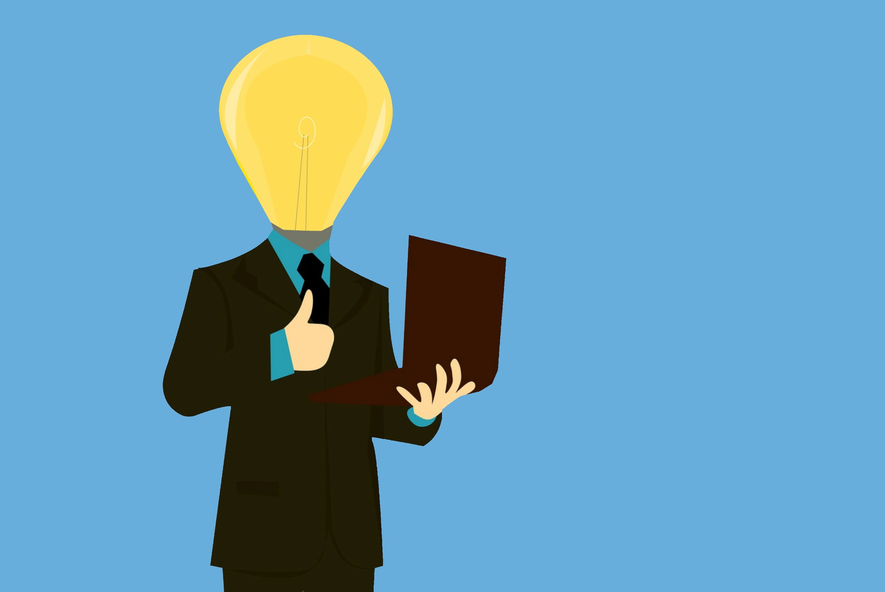 illustration, energy, idea, well-dressed, success, solution, imagination, men, businessman, blue, laptop, bright, employee, ideas, adult, great, worker, HD Wallpaper
