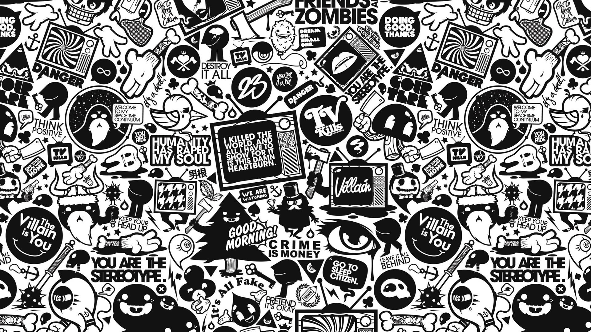 1080P, Jared Nickerson, monochrome, television sets, artwork, typography, eyes, HD Wallpaper