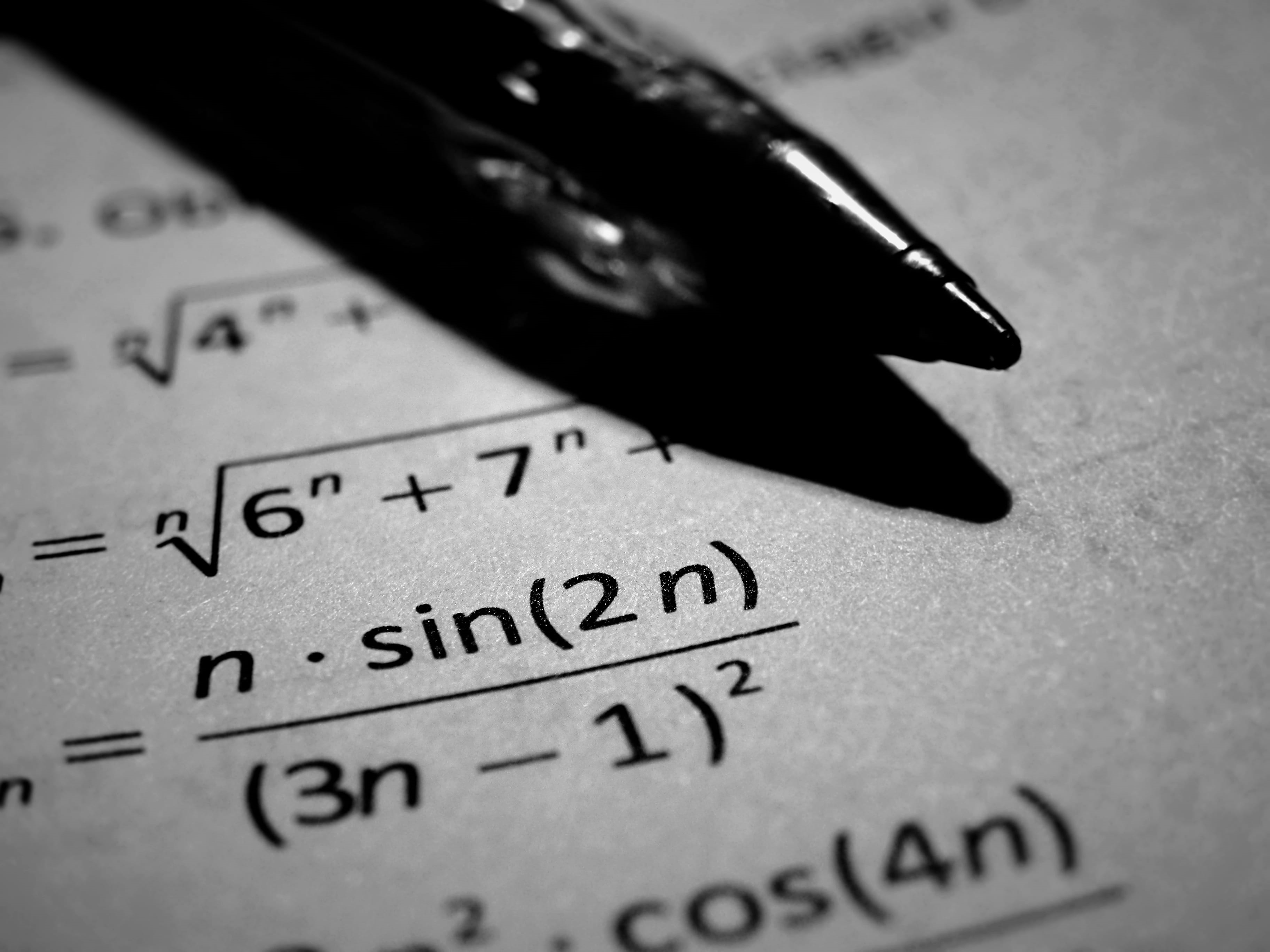 selective focus, writing instrument, trig, document, nib, black and-white, high angle view, formulas, communication, black-and-white, education, handwriting, HD Wallpaper