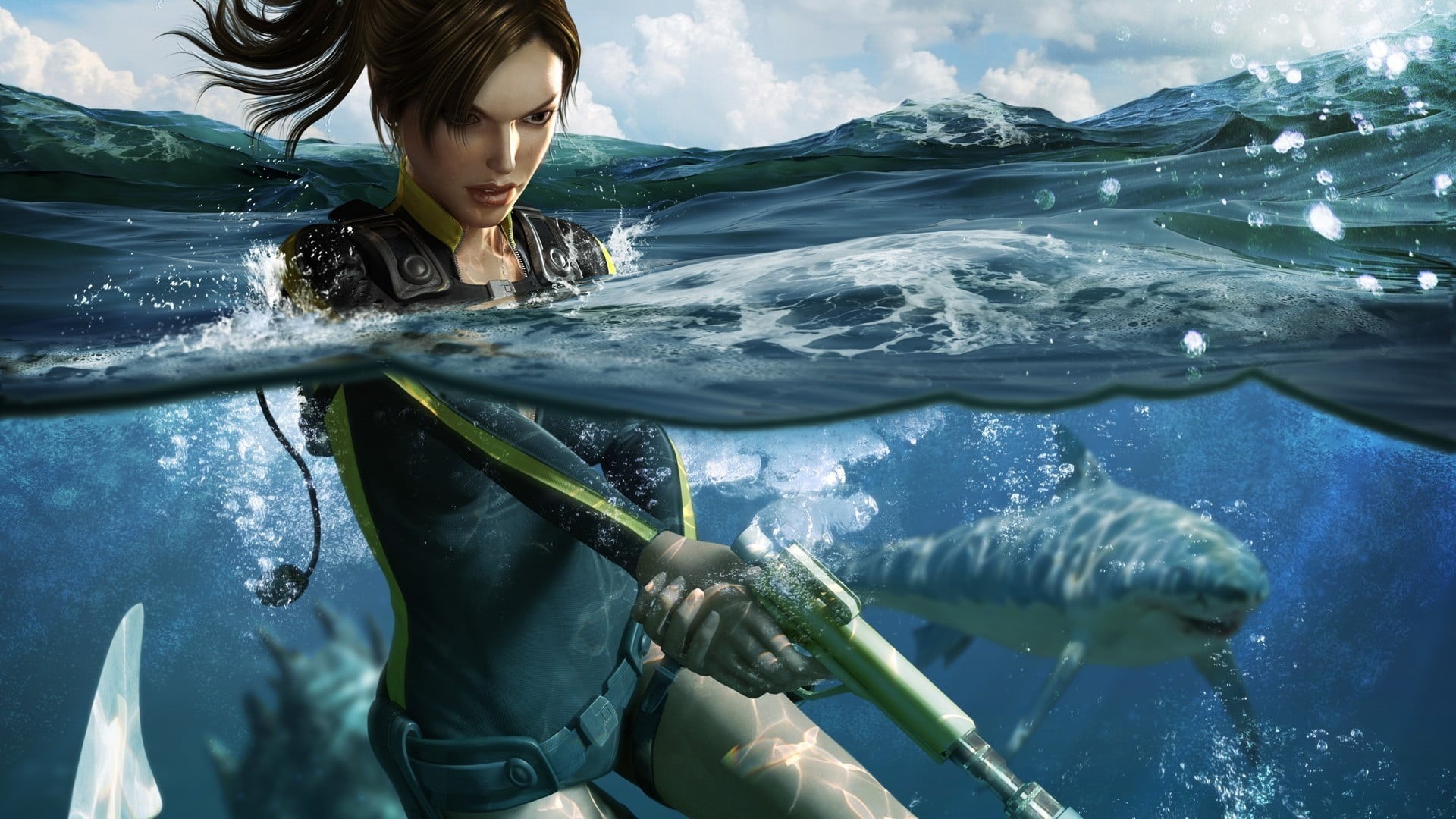 sea, lifestyles, immerse, undersea, animal wildlife, outdoors, young adult, Tomb Raider: Underworld, illustration, half, Lara Croft, 1080P, sea life, young women, HD Wallpaper