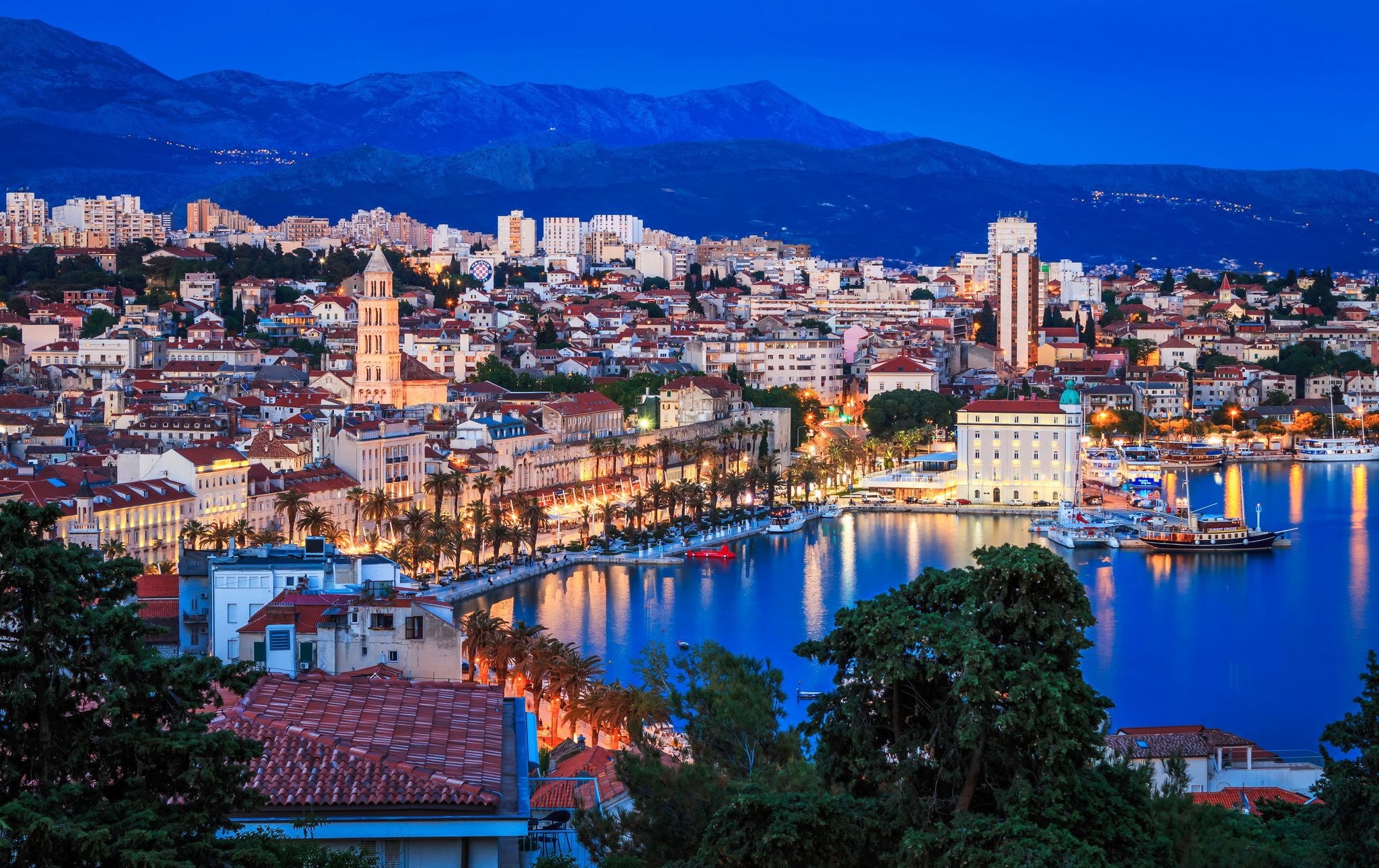 Split, sea, 1080P, Croatia, the evening, lights, tower, the city, panorama, home, HD Wallpaper
