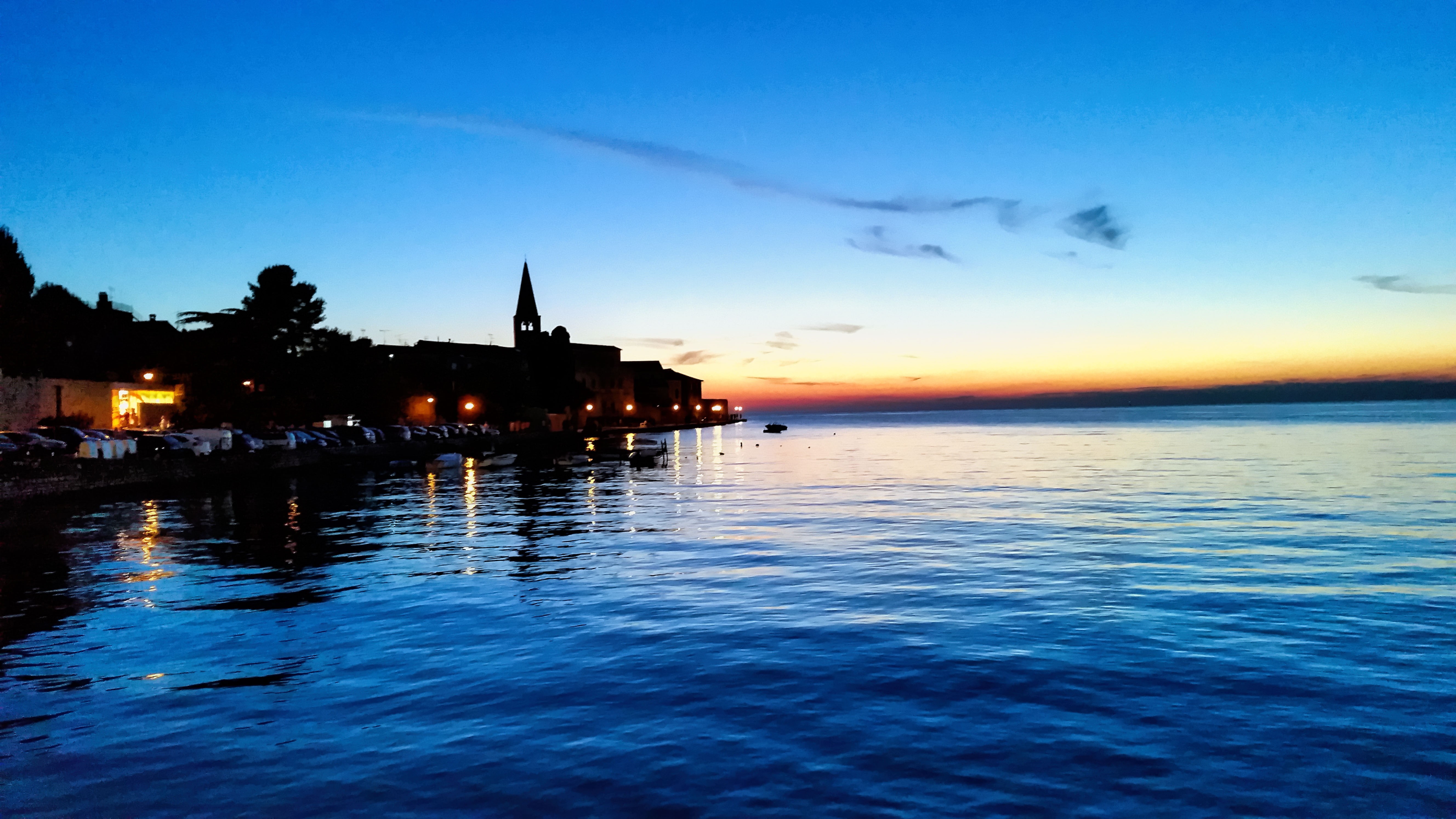 no people, waterfront, blue, outdoors, building, water, parenzo, building exterior, sunset, cloud - sky, tranquil scene, beauty in nature, Croatia, sea, HD Wallpaper