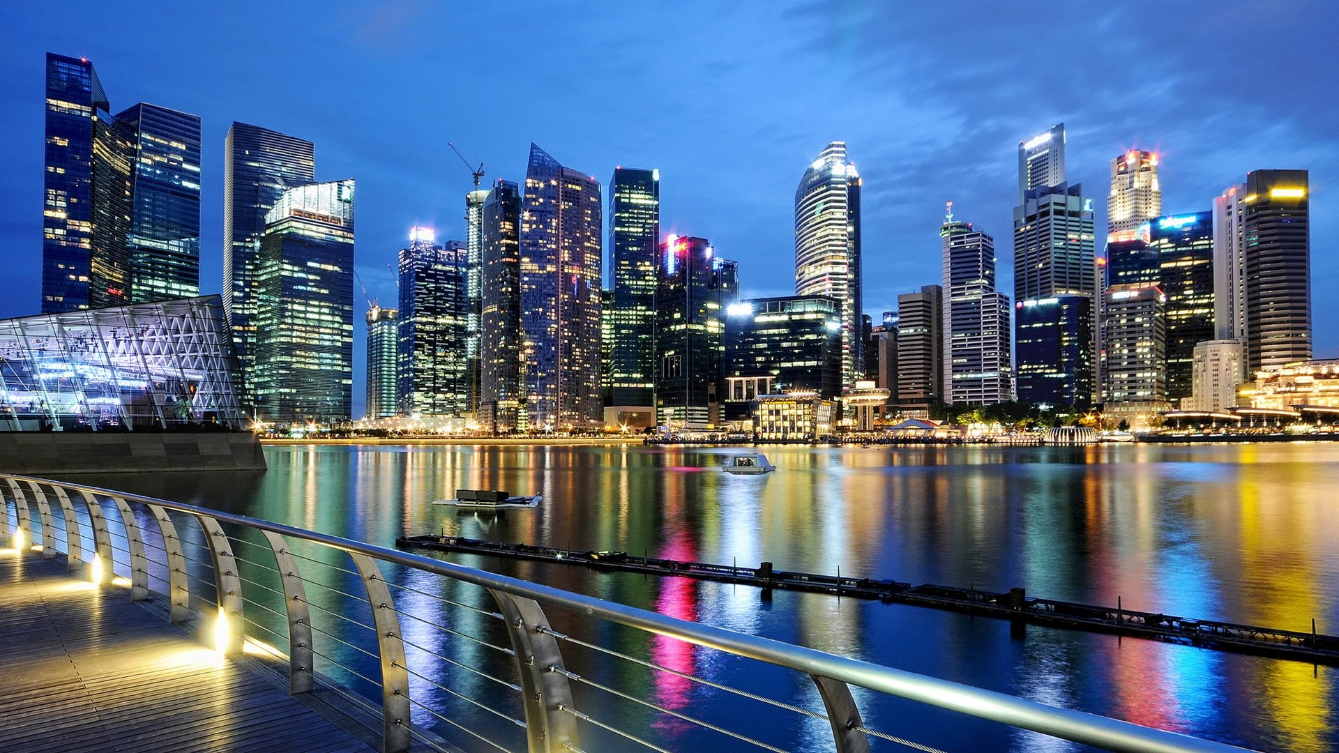  1080P, hd, buildings, city, singapore, light, water, beautiful, night, dark, HD Wallpaper