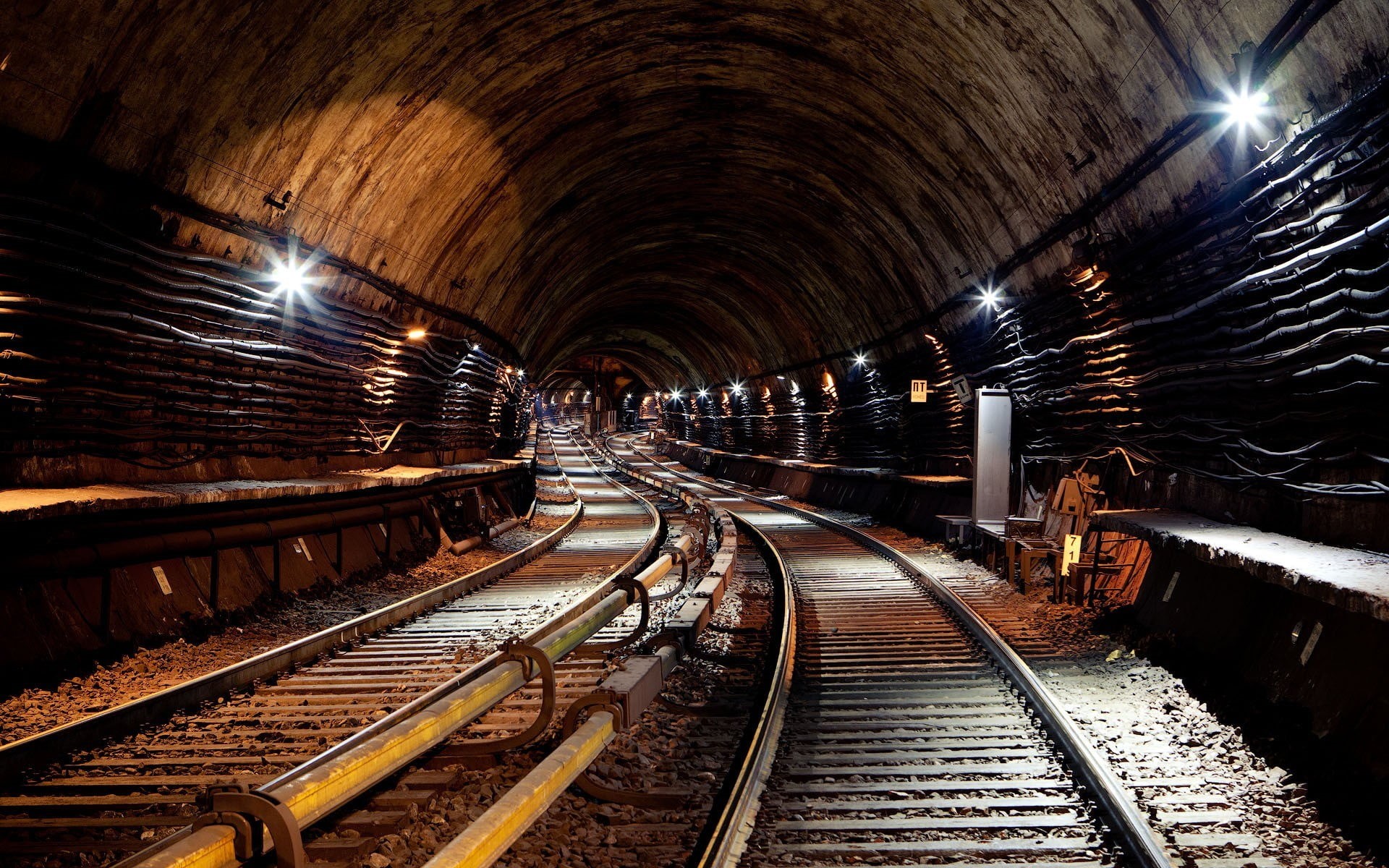 arch, indoors, diminishing perspective, night, railway, illuminated, transportation, vanishing point, gravel, tunnel, brown, built structure, subway, no people, HD Wallpaper