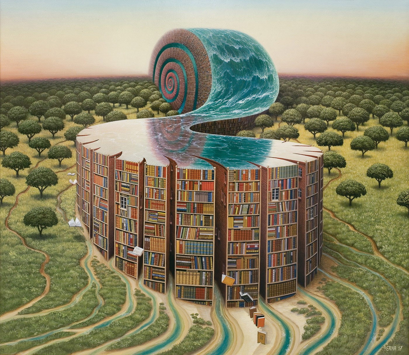 Jacek Yerka, library, water, trees, artwork, books, Library Ammonite, book shelf, snail, 720P, HD Wallpaper