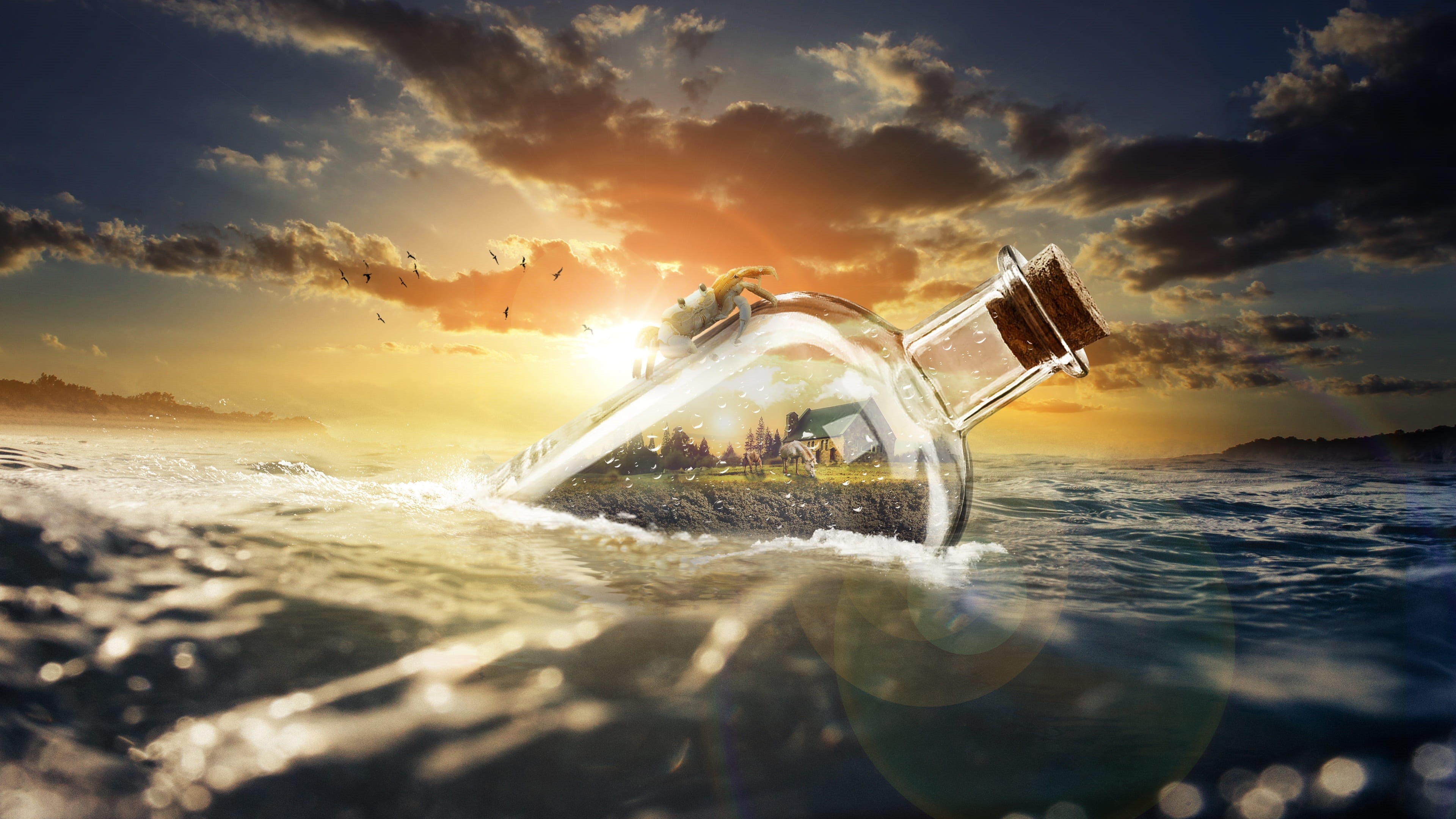 digital composite, architecture, sky, sunlight, sinking, no people, ocean, outdoors, wave, 4K, fantasy, scenics - nature, birds, lens flare, ship, landscape, HD Wallpaper