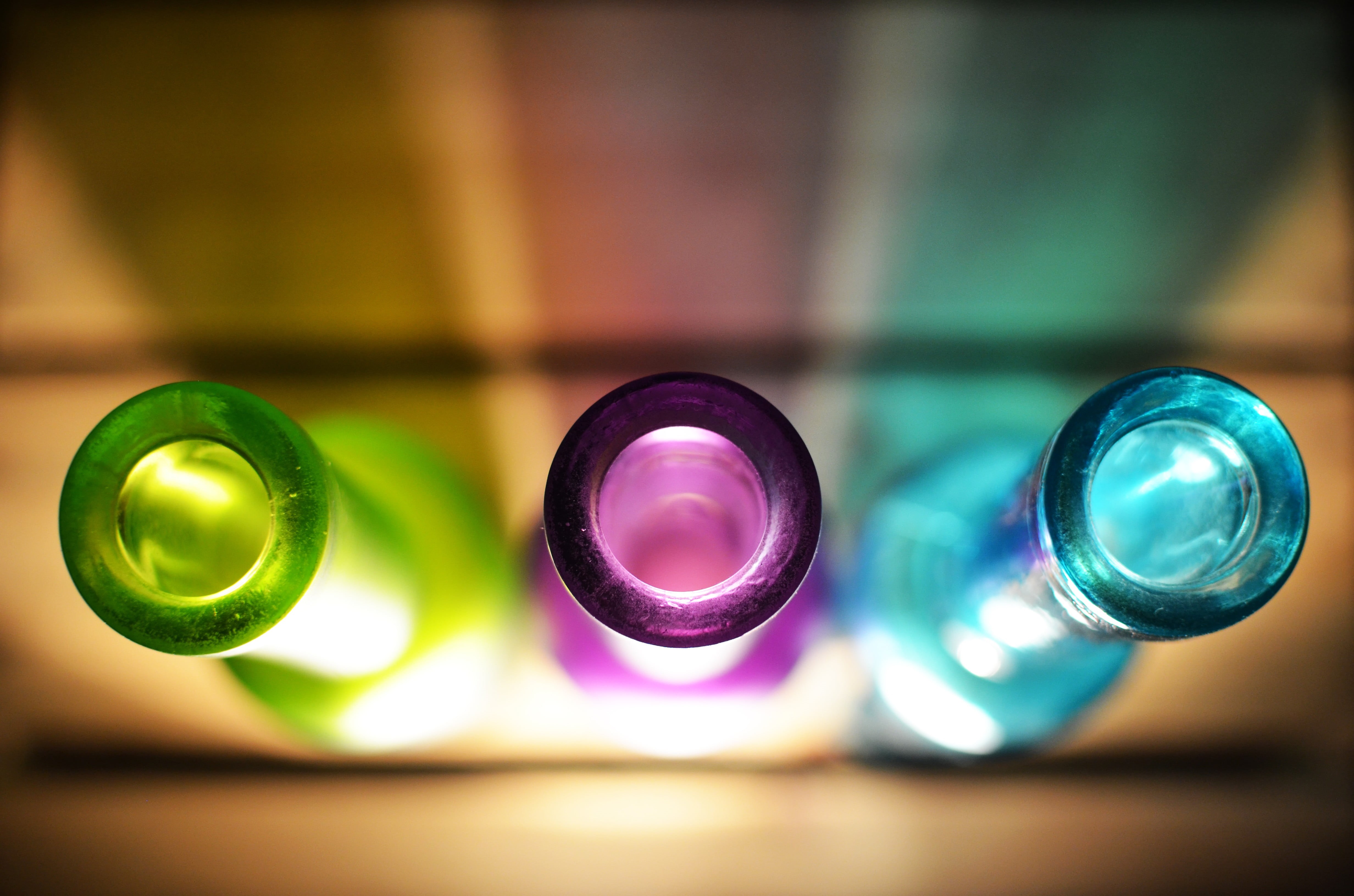 variation, no people, choice, shape, bottles, directly above, blue, indoors, purple, green color, selective focus, sphere, glass, glass - material, close-up, HD Wallpaper