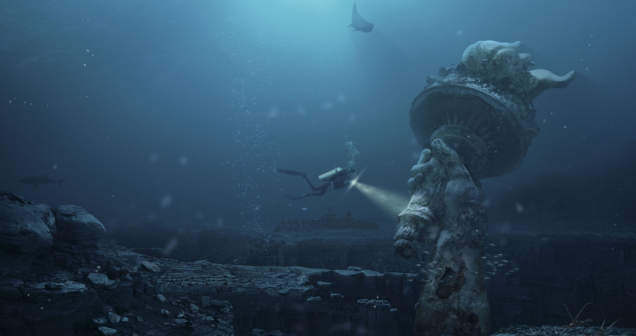 scuba diving, outdoors, rock, 1080P, apocalyptic, marine, water, undersea, animal, beauty in nature, fish, animals in the wild, sea life, underwater, one animal, HD Wallpaper