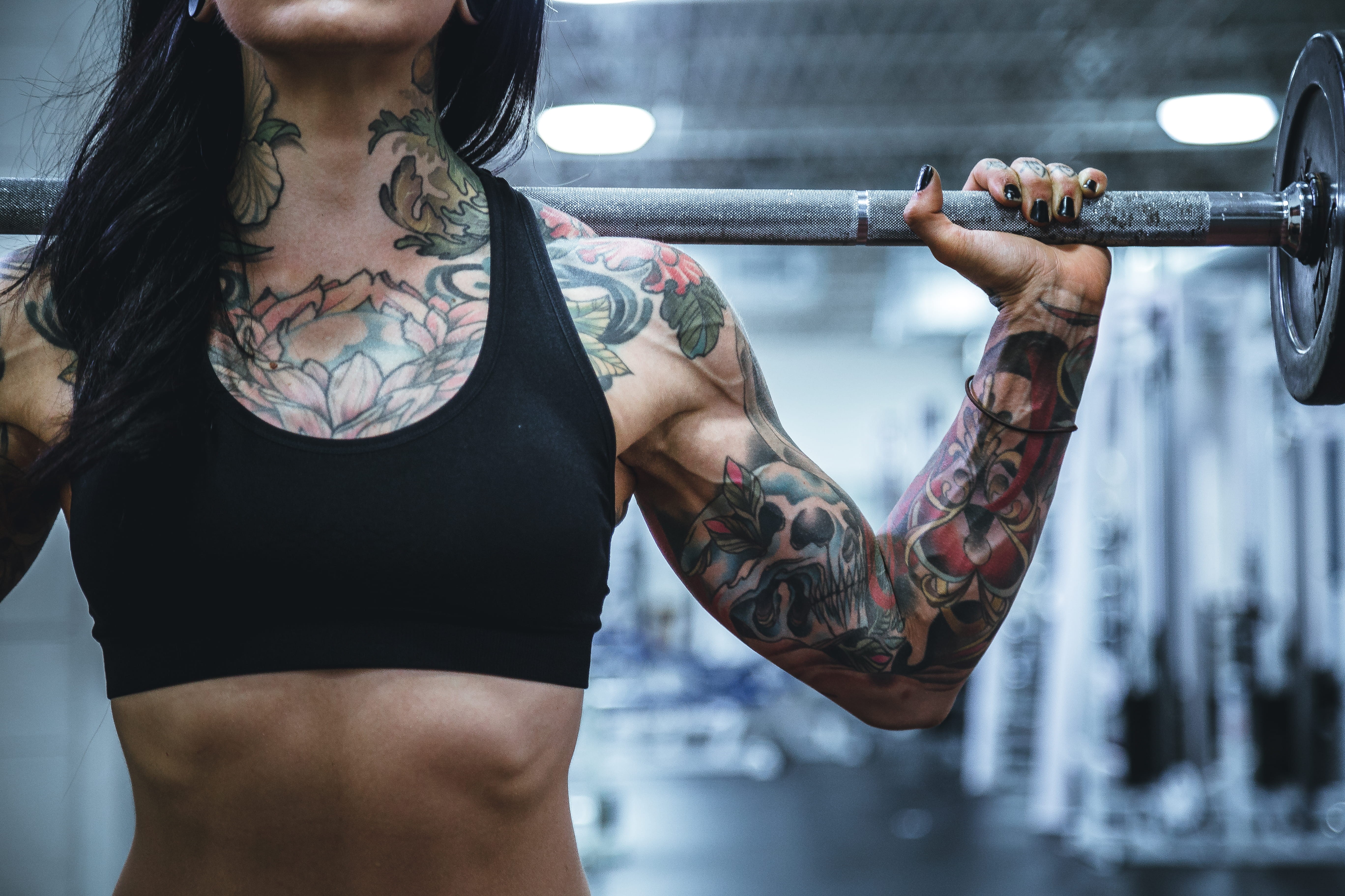 front view, mid adult, body builder, barbell, young adult, woman, skull, sport, carrying, muscle, activity, style, 5K, indoors, sportswear, weightlifter, HD Wallpaper