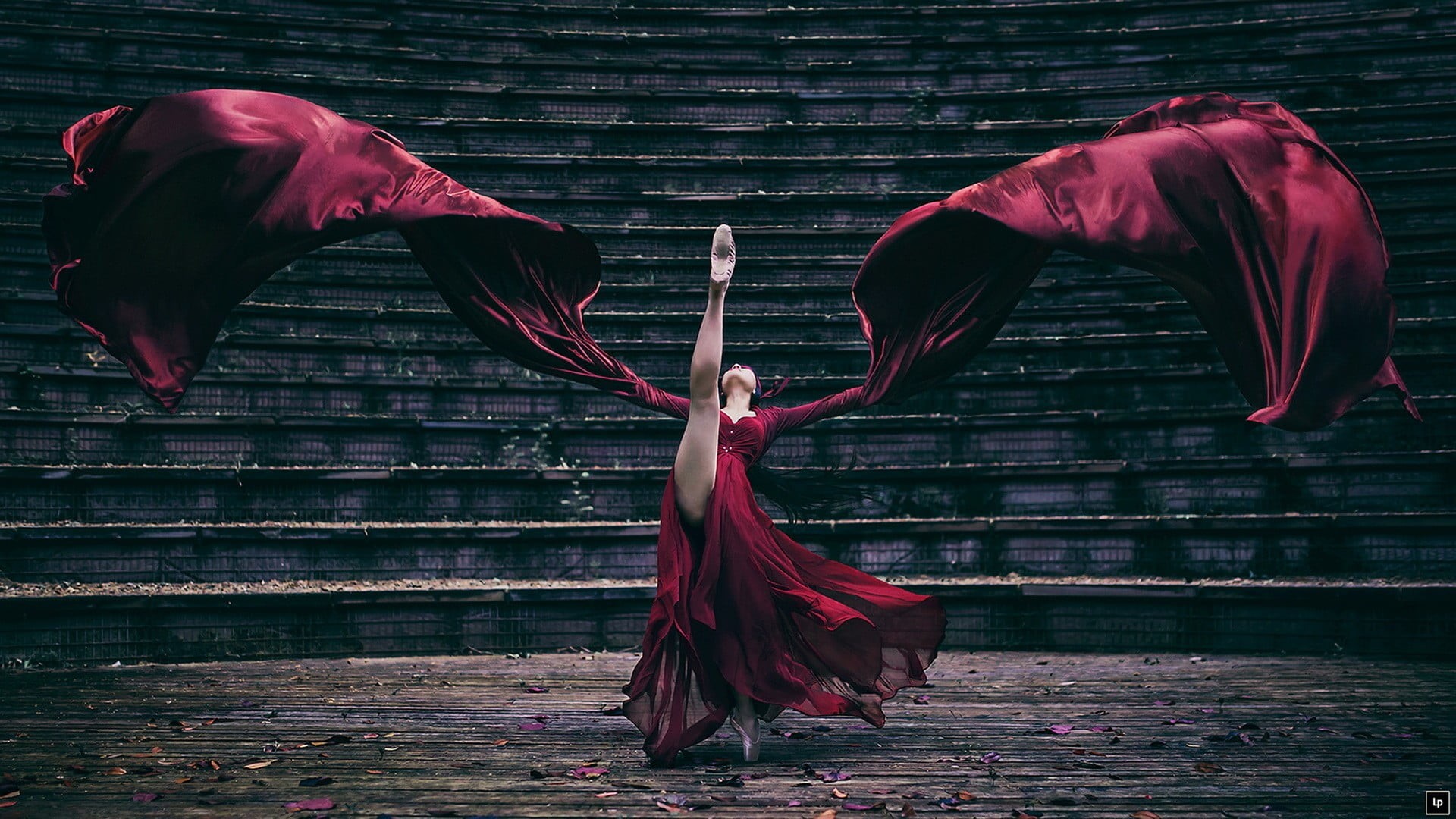 wall - building feature, architecture, arms raised, day, adult, clothing, red, people, model, brick, real people, young adult, women, ballerina, 1080P, HD Wallpaper