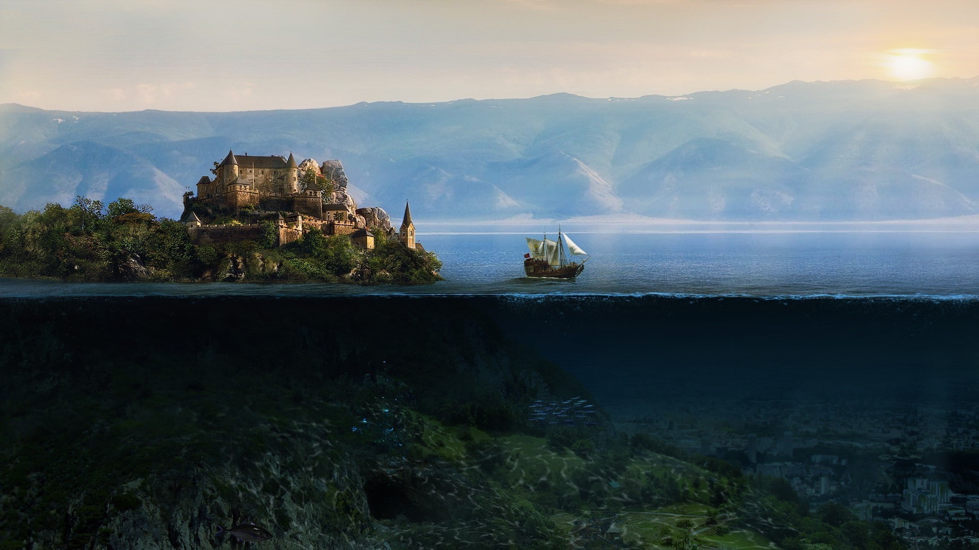 1080P, fantasy Art, Sunken Cities, Sailing Ship, underwater, split view, HD Wallpaper