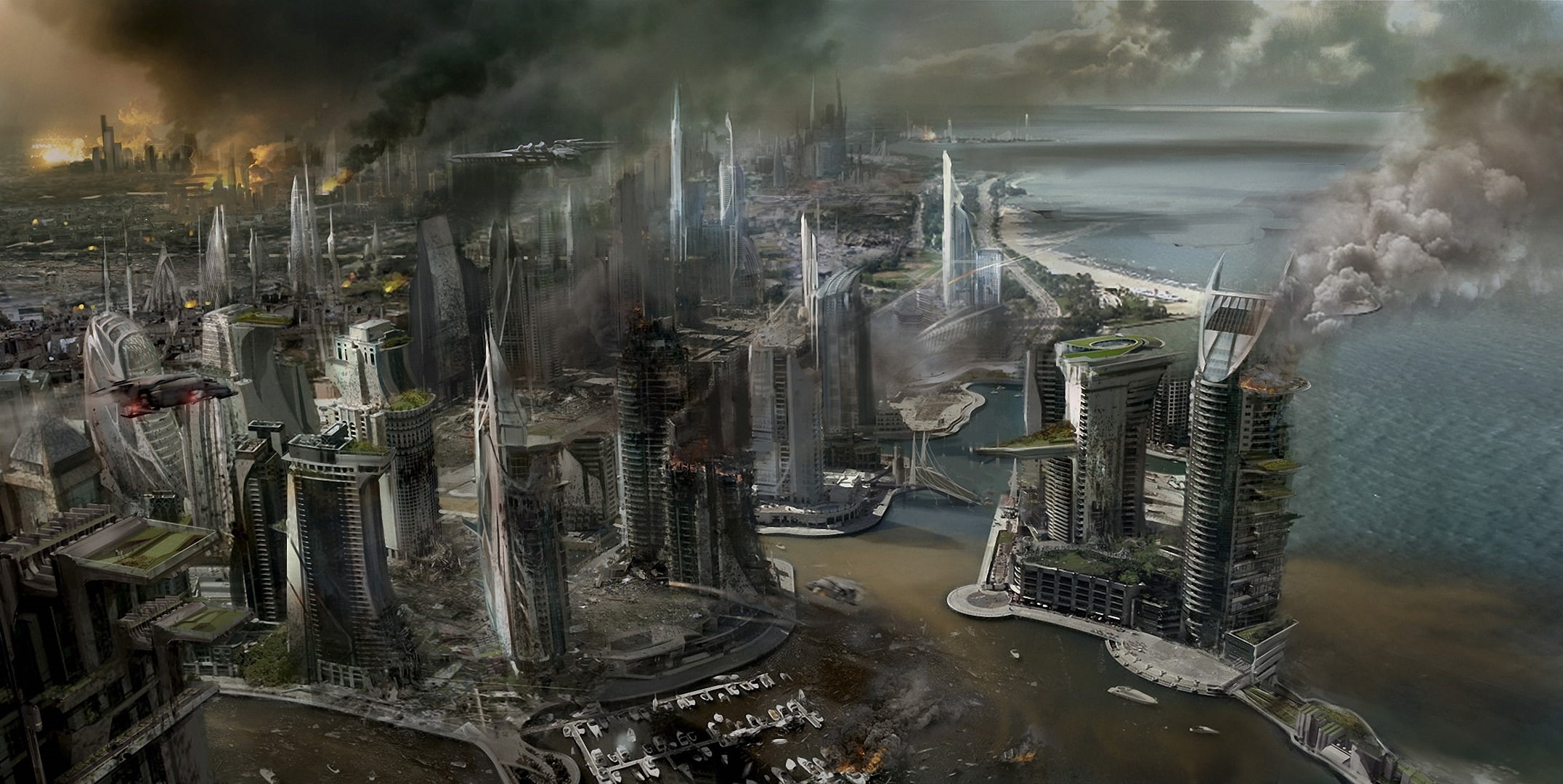 destruction, smoke, the city, Concept Art, 1080P, Mercenary, buildings, fire, building, skyscrapers, sea, view, ship, Killzone, illustration, HD Wallpaper