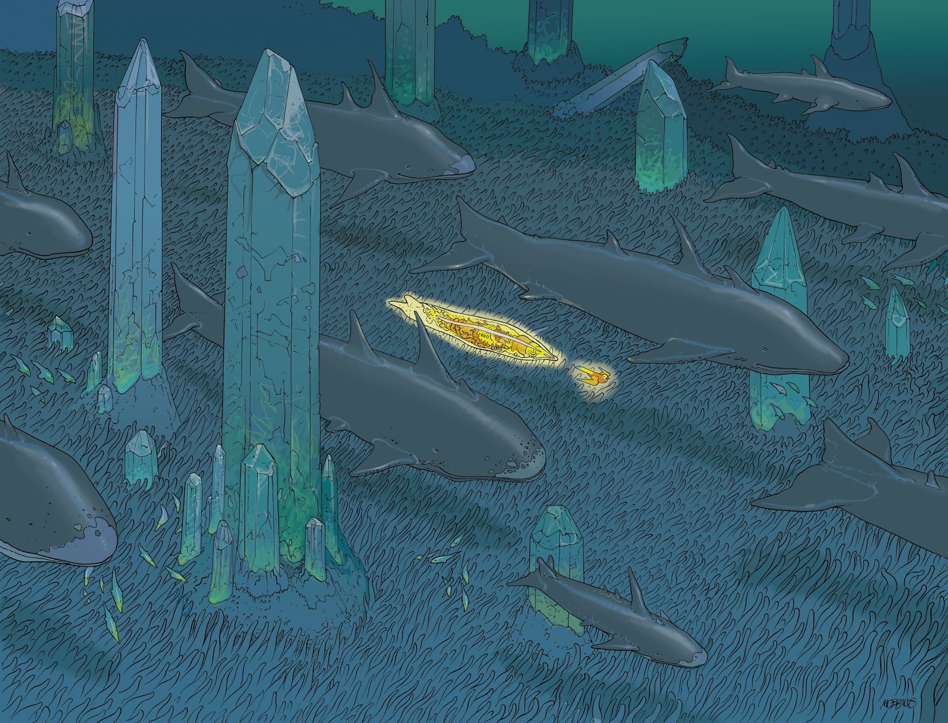 high angle view, Mœbius, sharks, no people, nature, plant part, day, indoors, gray, plant, fork, wood - material, comics, knife, 720P, leaf, green color, HD Wallpaper