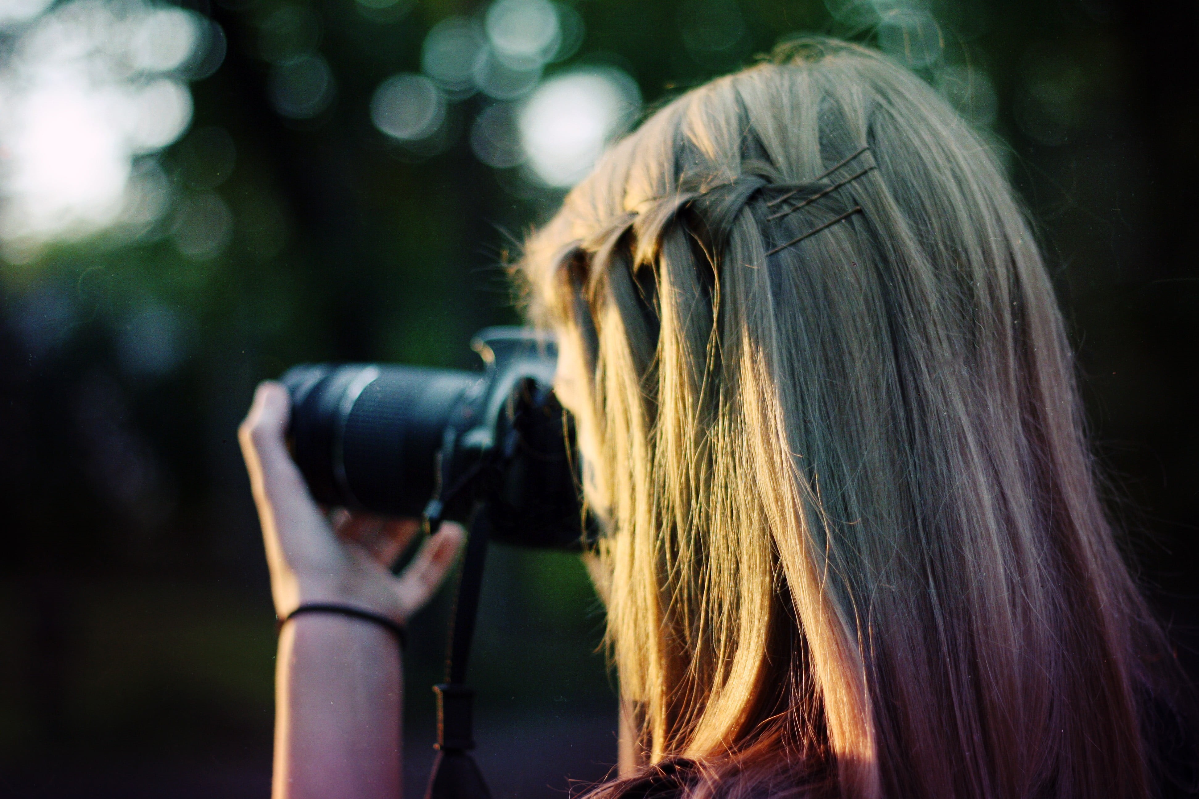 women outdoors, digital camera, dslr, hobbies, blonde, nature, hairstyle, lifestyles, blond Hair, summer, macro, outdoors, refreshment, long Hair, black, HD Wallpaper