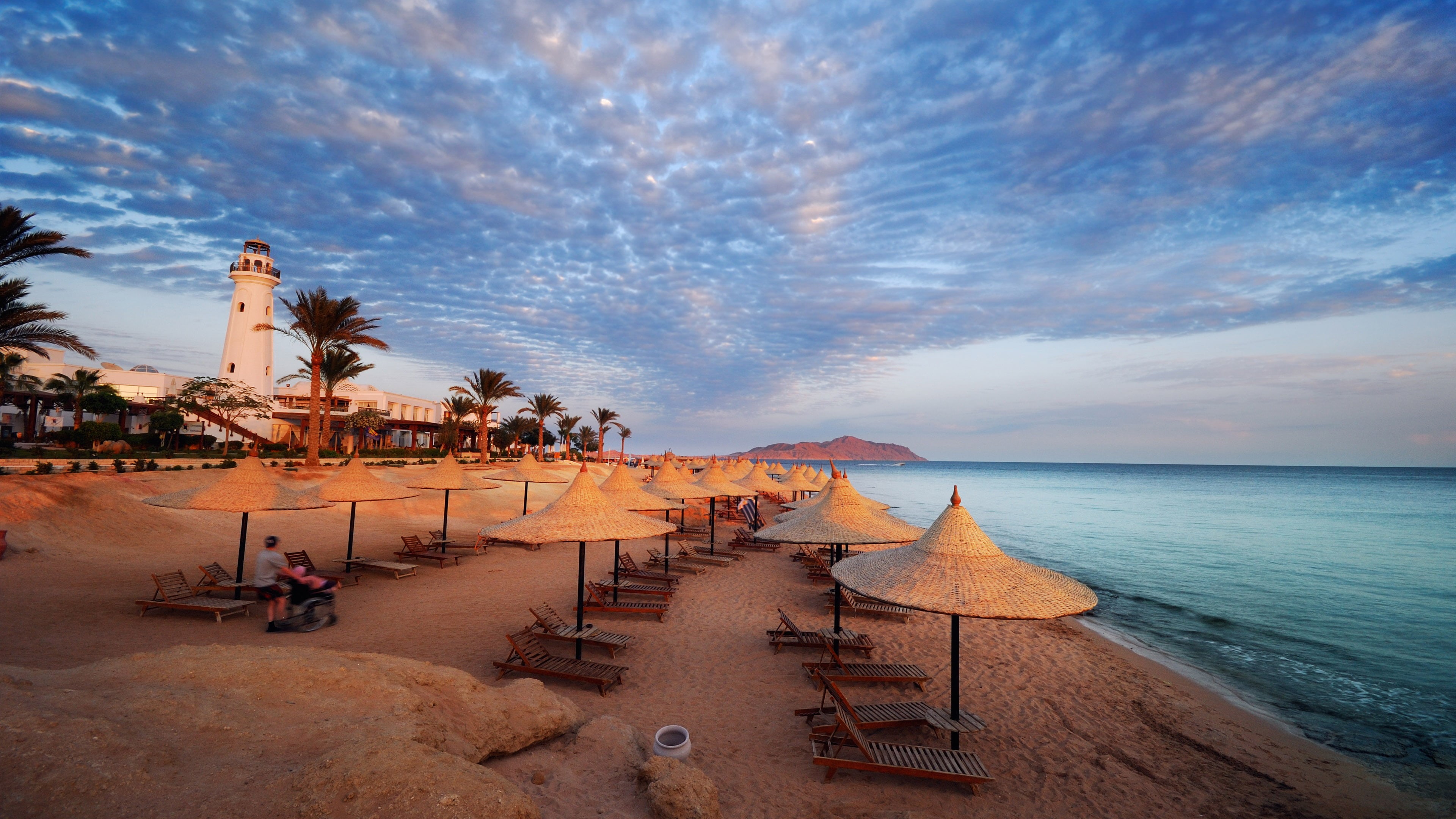 water, 4K, red, beach, sky, tree, sand, nature, horizon over water, sea, sunset, eygpt, northern, sharm, palm tree, sheikh, cloud - sky, incidental people, HD Wallpaper
