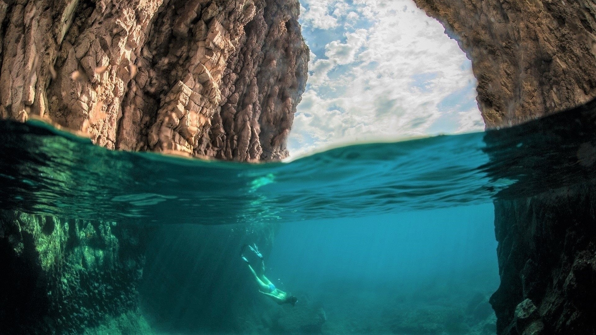 scenics - nature, Scuba Diver, day, beauty in nature, Photography, rock - object, 1080P, Cave, rock formation, turquoise colored, marine, nature, Ocean, HD Wallpaper