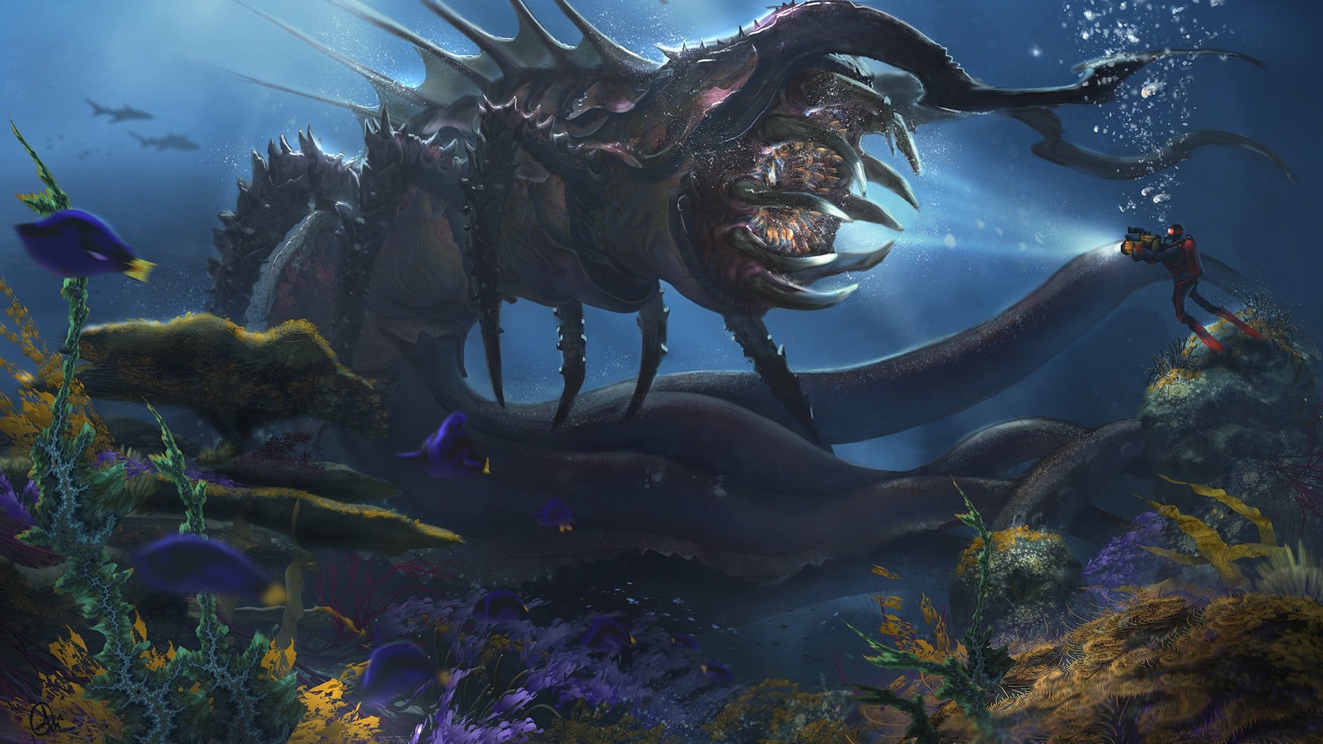 artwork, creature, divers, subnautica, 1080P, underwater, sea, HD Wallpaper