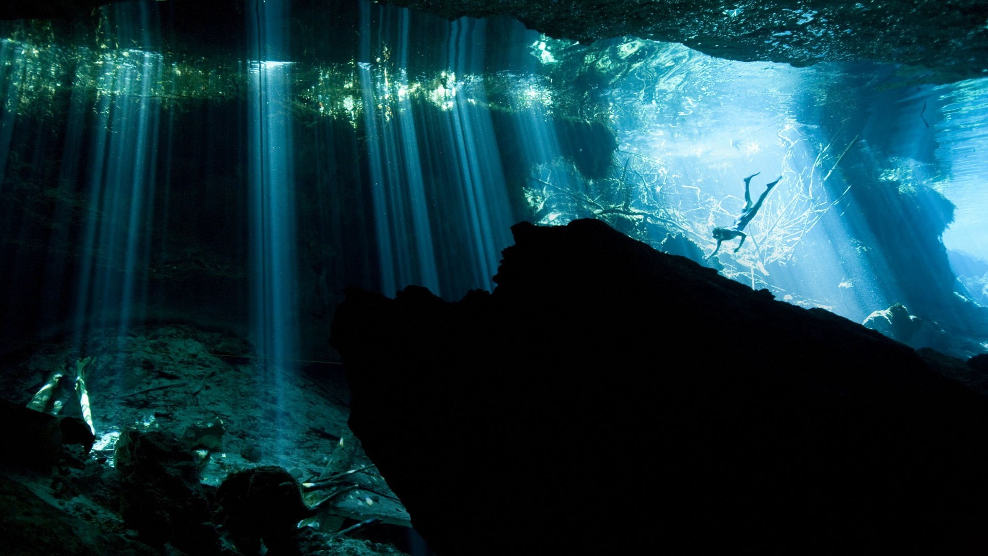 marine, underwater, undersea, sport, sea, solid, animal wildlife, water, light - natural phenomenon, animals in the wild, sunlight, cave, no people, divers, HD Wallpaper