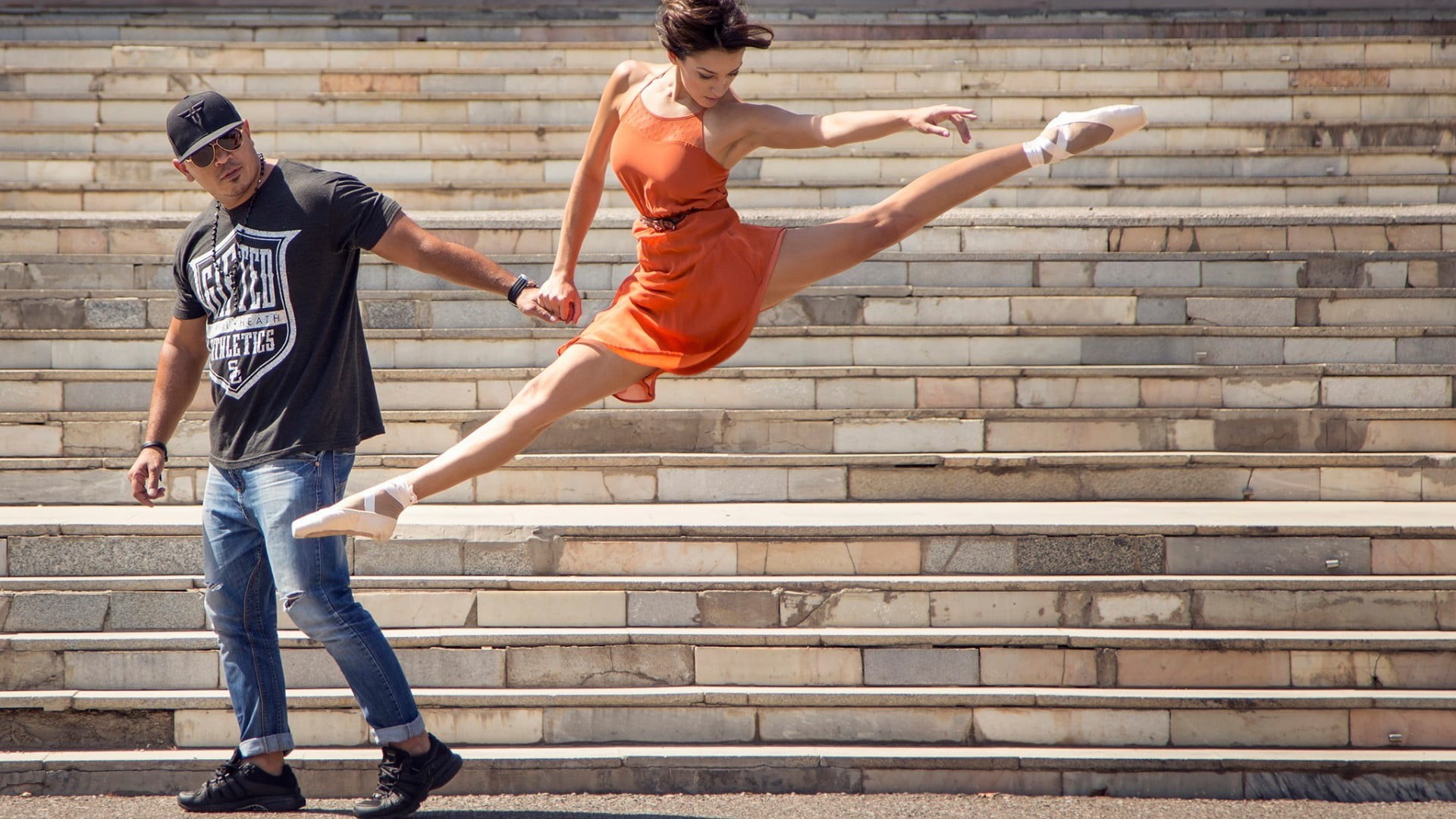 two people, males, full length, lifestyles, teenager, dancer, people, architecture, splits, jumping, motion, 1080P, adolescence, positive emotion, outdoors, HD Wallpaper