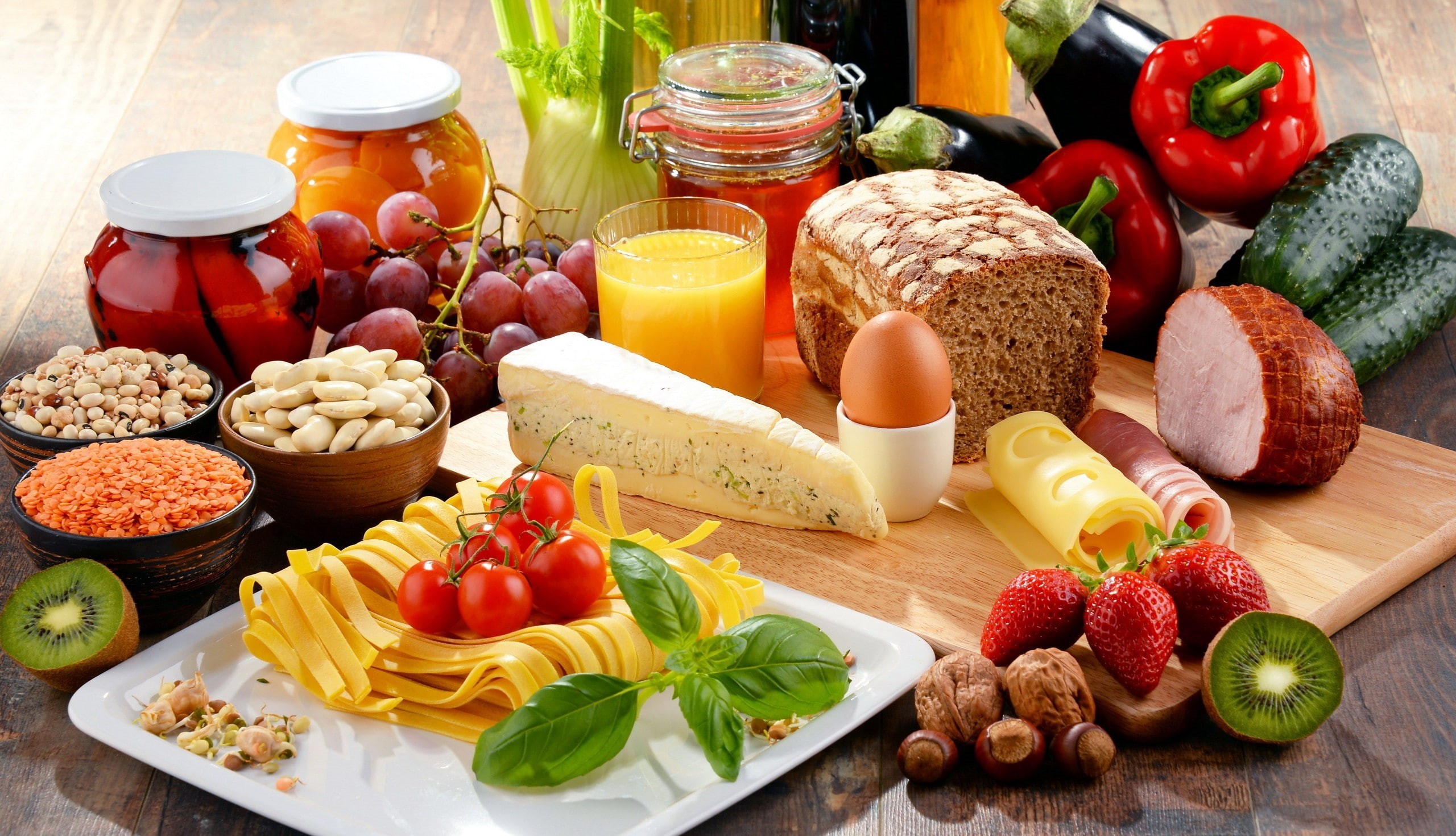 food, bread, fruit, vegetables, noodles, 2K, strawberries, cheese, still life, HD Wallpaper