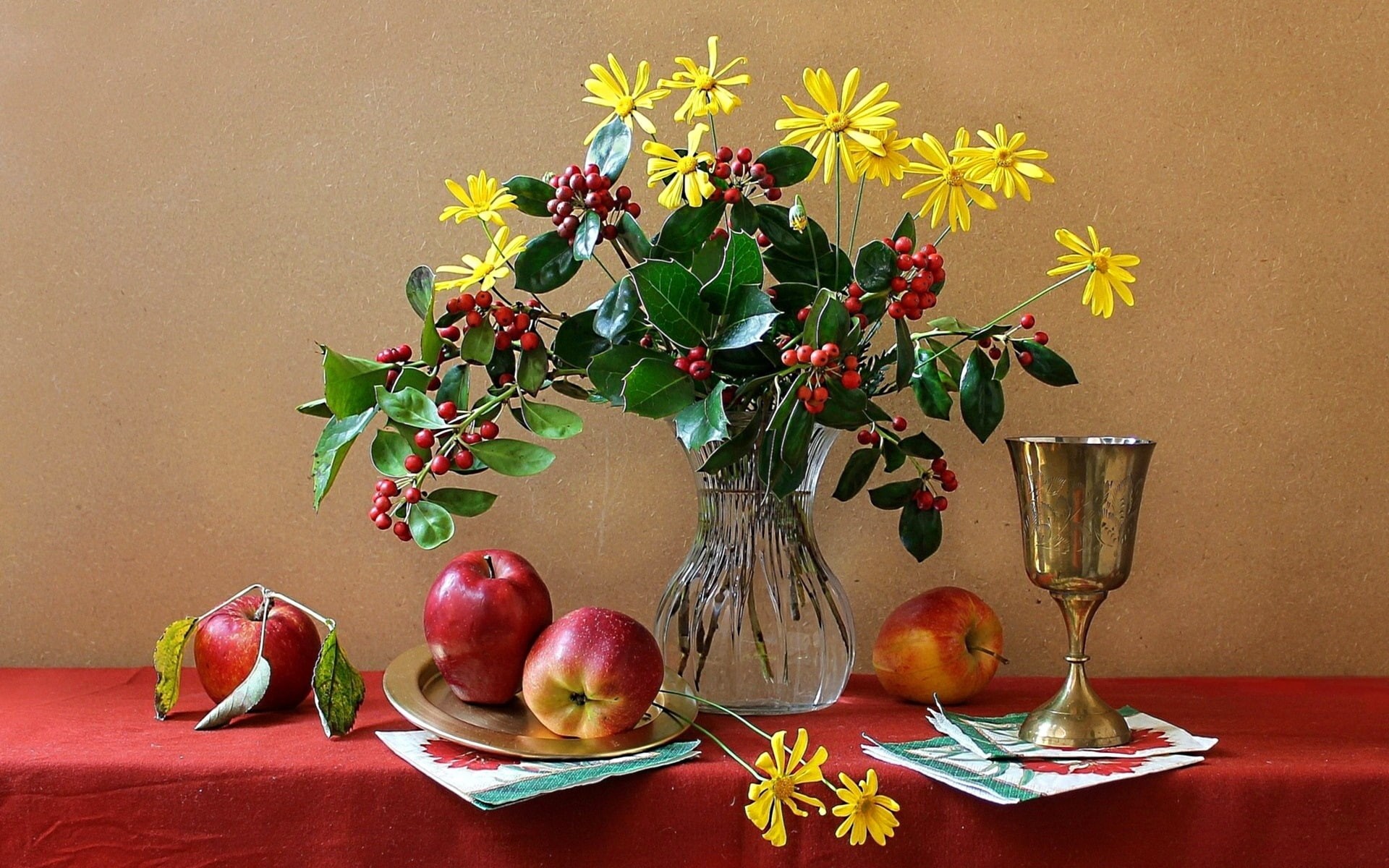 Life, Cup, Apple, 1080P, Still, Flowers, Vase, HD Wallpaper