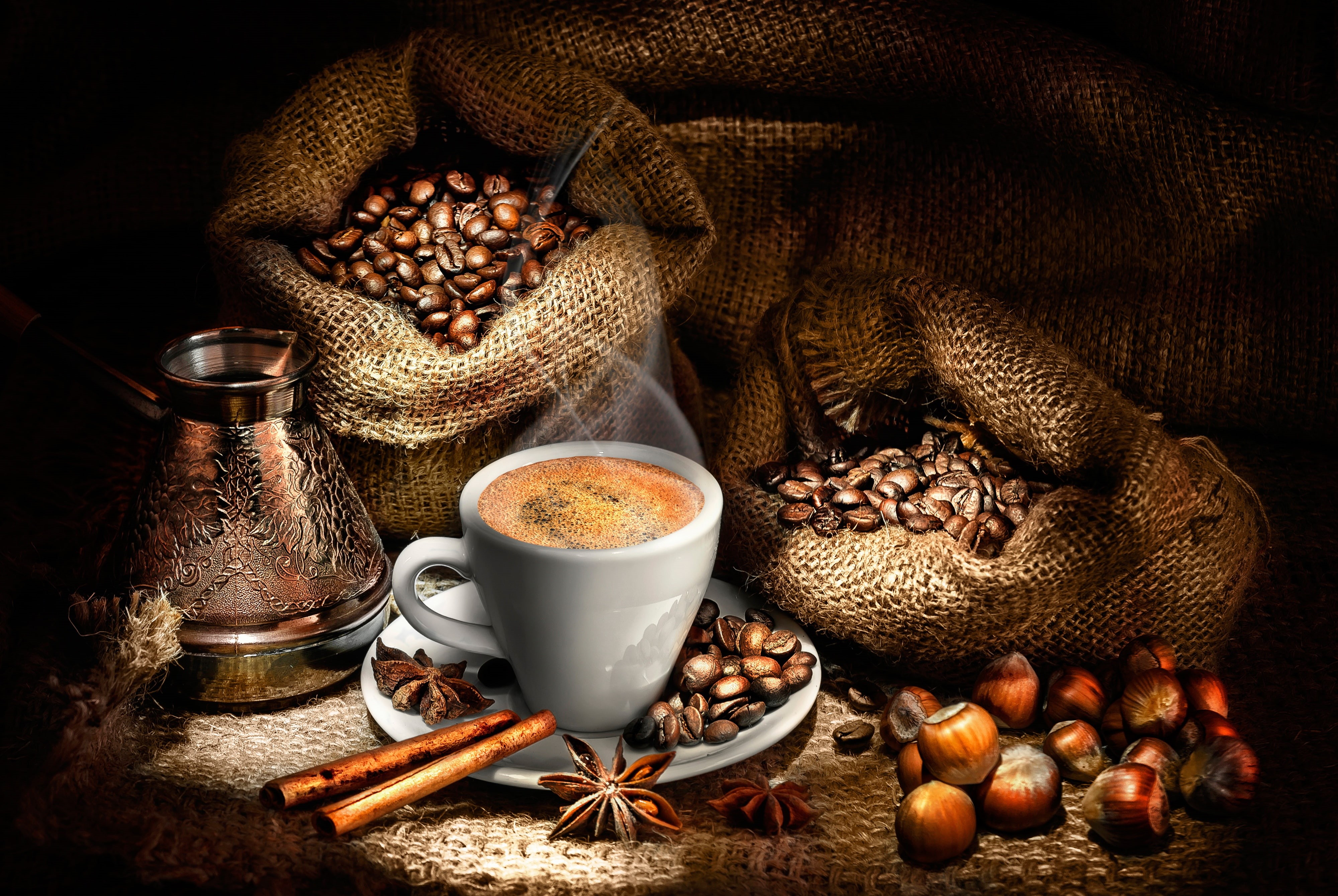 saucer, hot, grain, drink, couples, 4K, star anise, hazelnuts, bags, coffee, coffee pot, cinnamon, twilight, Cup, nuts, HD Wallpaper