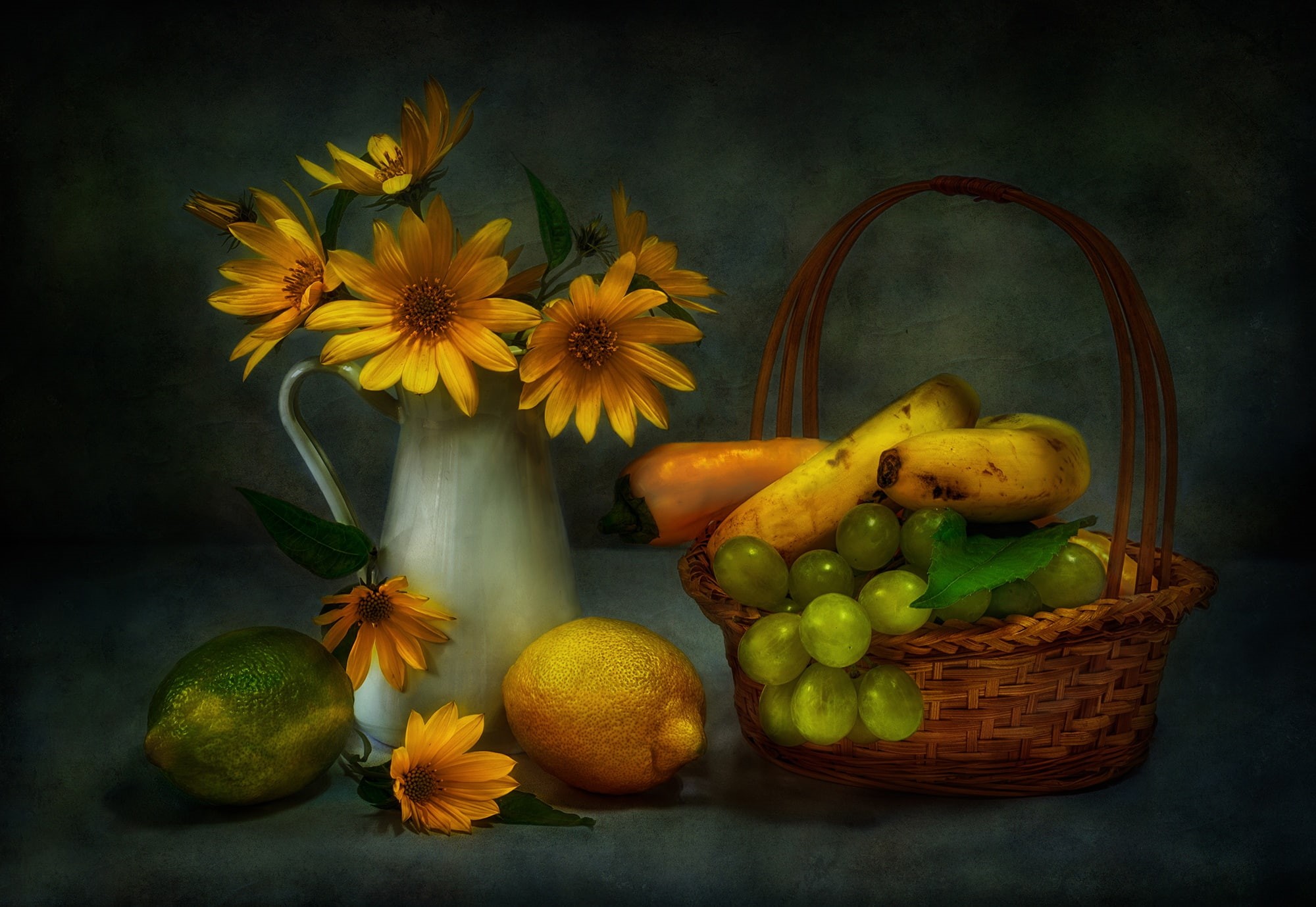 flower, 1080P, fruit, choice, healthy eating, freshness, basket, food, yellow, variation, flower head, plant, nature, still life, wellbeing, indoors, studio shot, HD Wallpaper