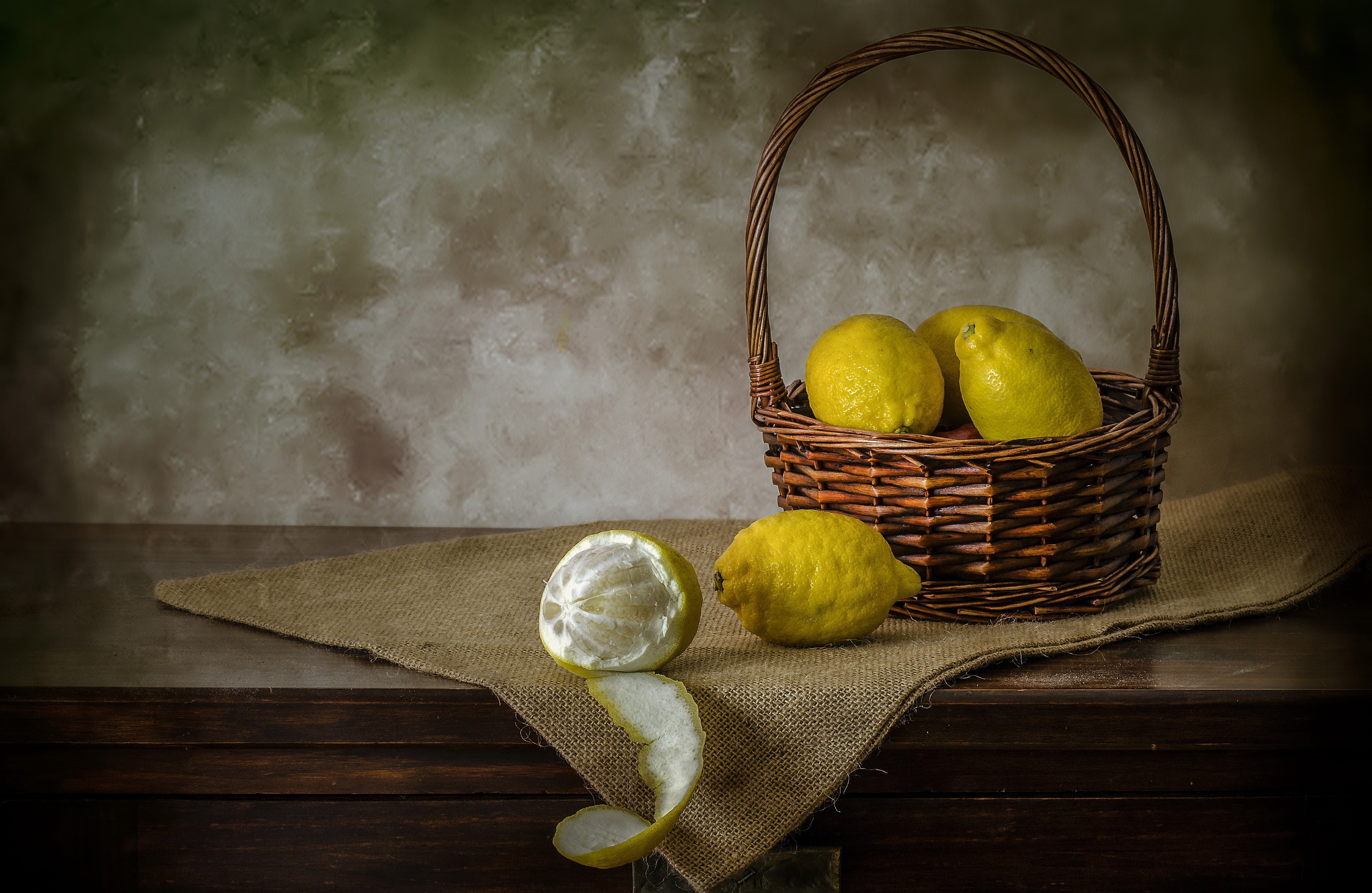 wellbeing, still life, no people, food, vegetable, basket, yellow, food and drink, freshness, indoors, fruit, lemons, 4K, baskets, wood - material, lemon, HD Wallpaper