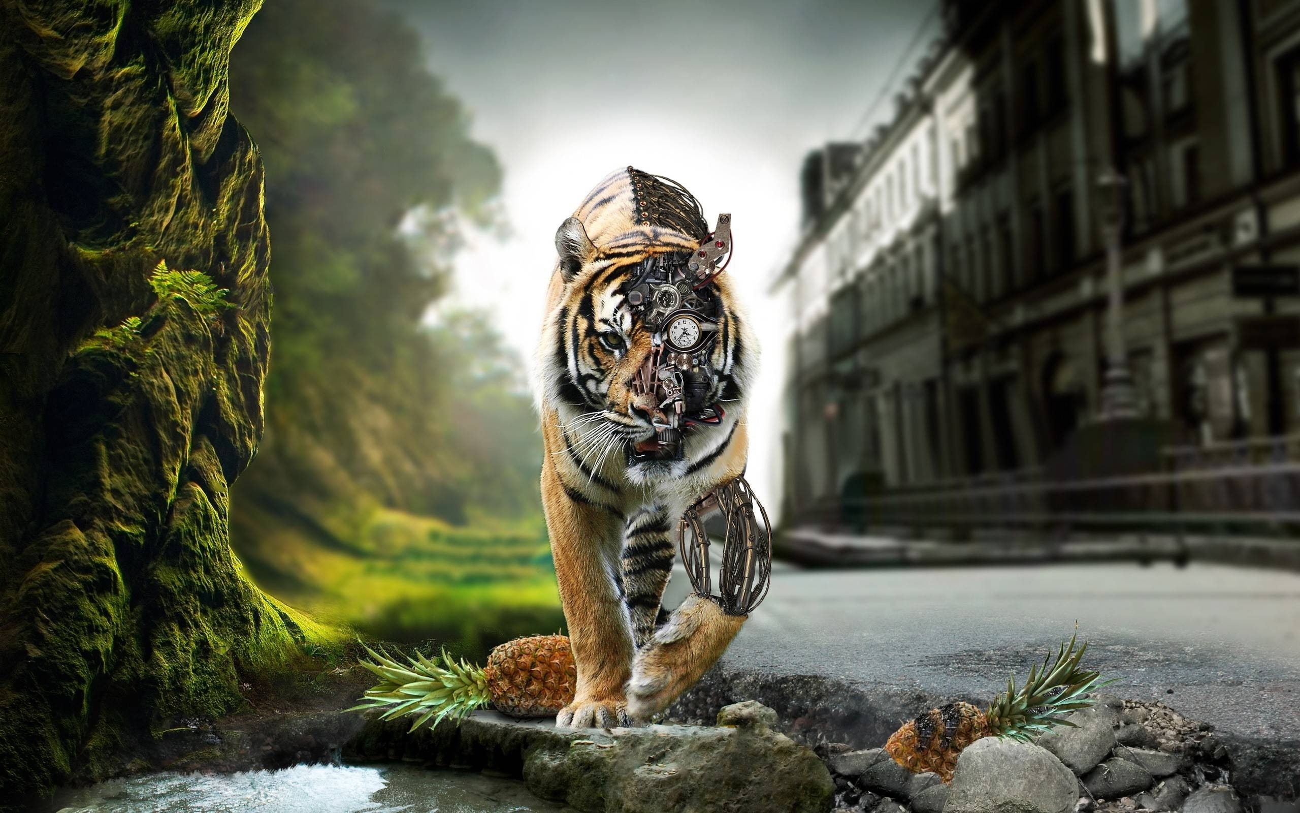 robot, splitting, gears, steampunk, clockwork, tiger, photo manipulation, animals, 2K, HD Wallpaper