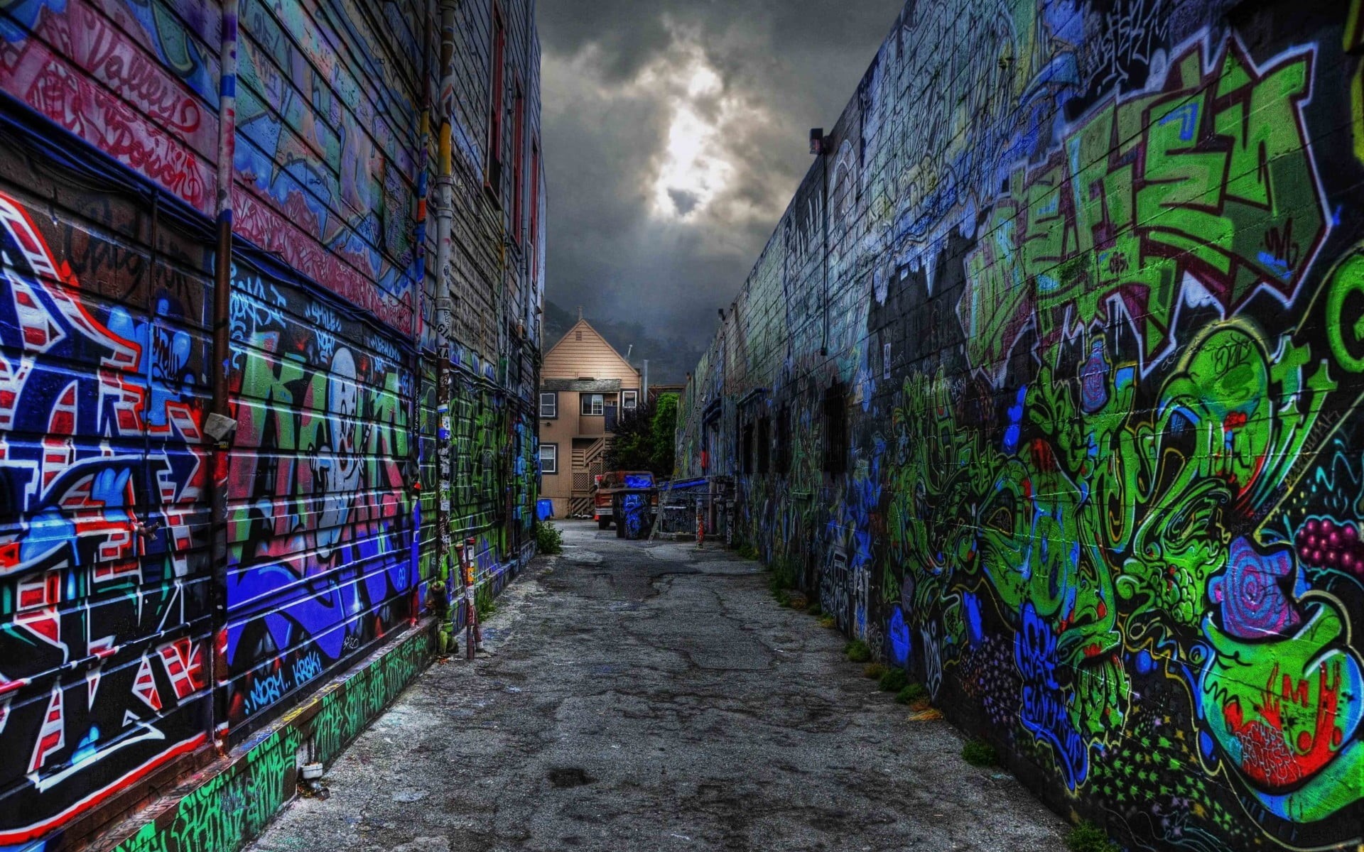multi colored, alley, graffiti, city, built structure, concrete, street, 1080P, sky, wall, the way forward, area, nature, footpath, no people, cloud - sky, HD Wallpaper
