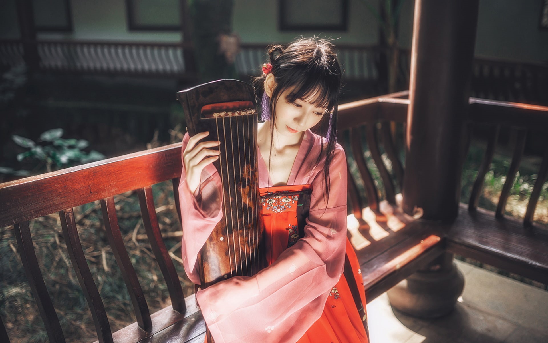 Chinese zither, hanfu, women, 1080P, Chinese dress, Asian, HD Wallpaper