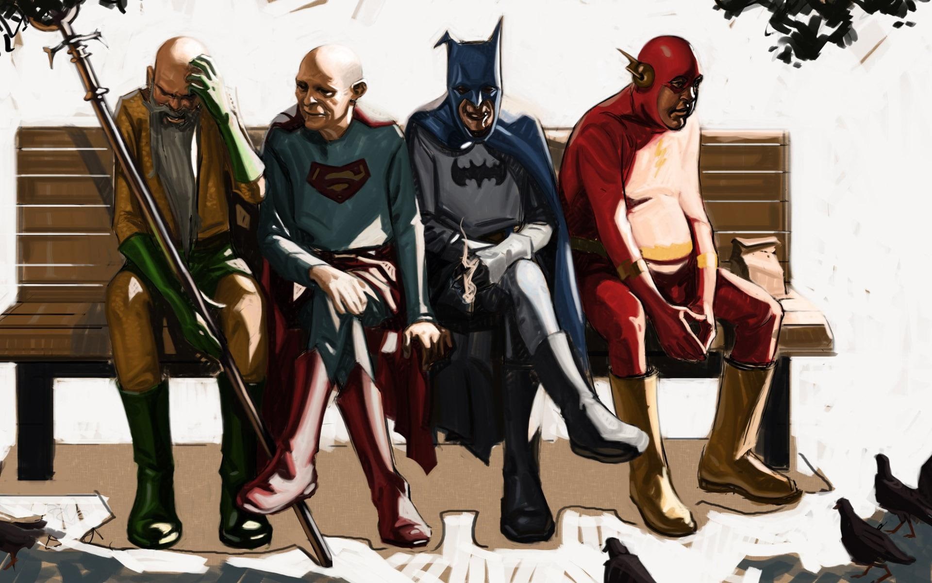 superheroes, old, batman, superman, funny, the flash, justice, league, 1080P, 1920x1200, illustration, HD Wallpaper
