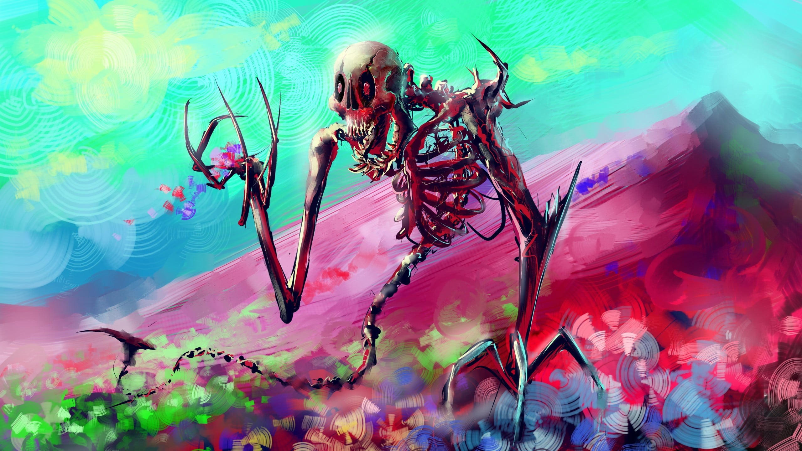 close-up, animal wildlife, artwork, mountains, water, pink color, animal, fantasy art, plant, day, multi colored, 2K, skeleton, no people, outdoors, colorful, HD Wallpaper