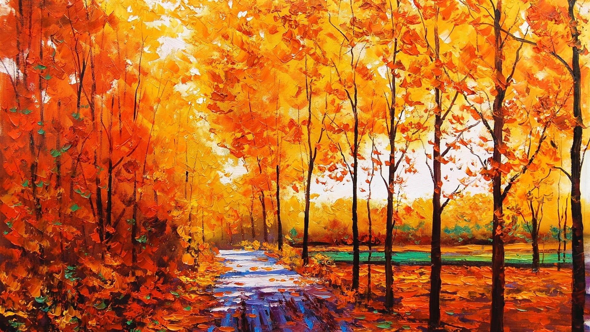 leaves, painting, change, autumn collection, orange, tranquil scene, growth, plant, forest, tree, scenics - nature, leaf, tranquility, trees, autumn, stream, HD Wallpaper