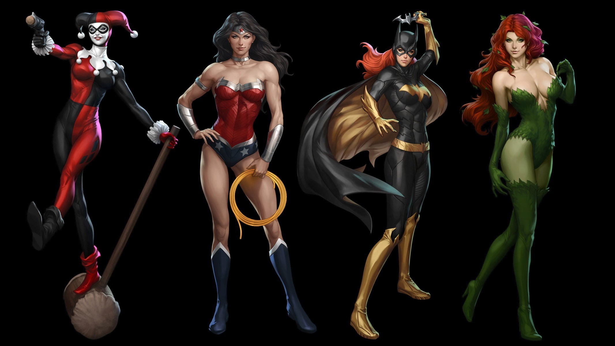 representation, balance, digital composite, full length, creativity, human representation, black background, red, dc comics batgirl poison ivy wonder woman harley quinn, HD Wallpaper