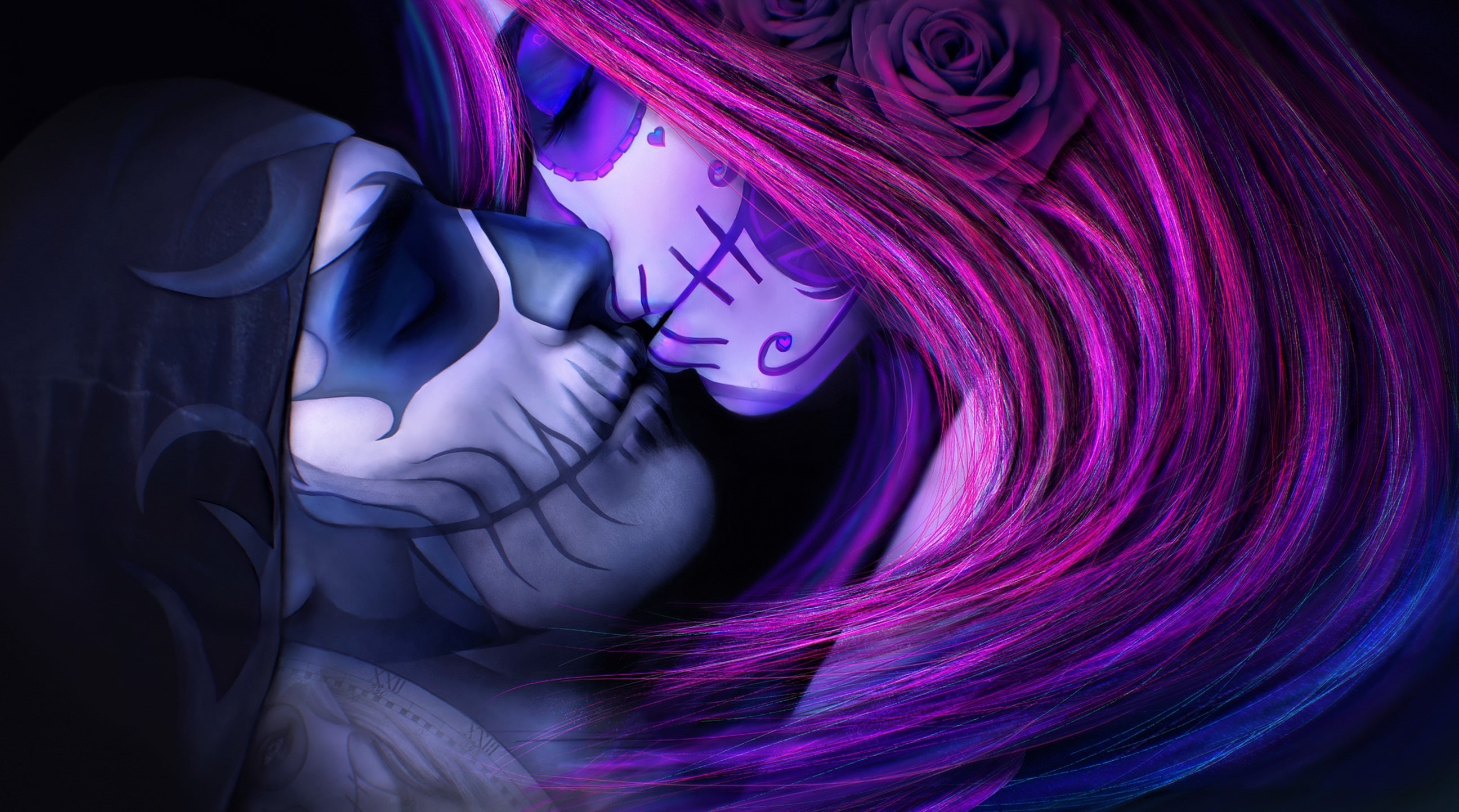 Romantic, Man, Rose, Woman, Sugar Skull, Makeup, 2K, Couple, Artistic, Kiss, Day of the Dead, HD Wallpaper