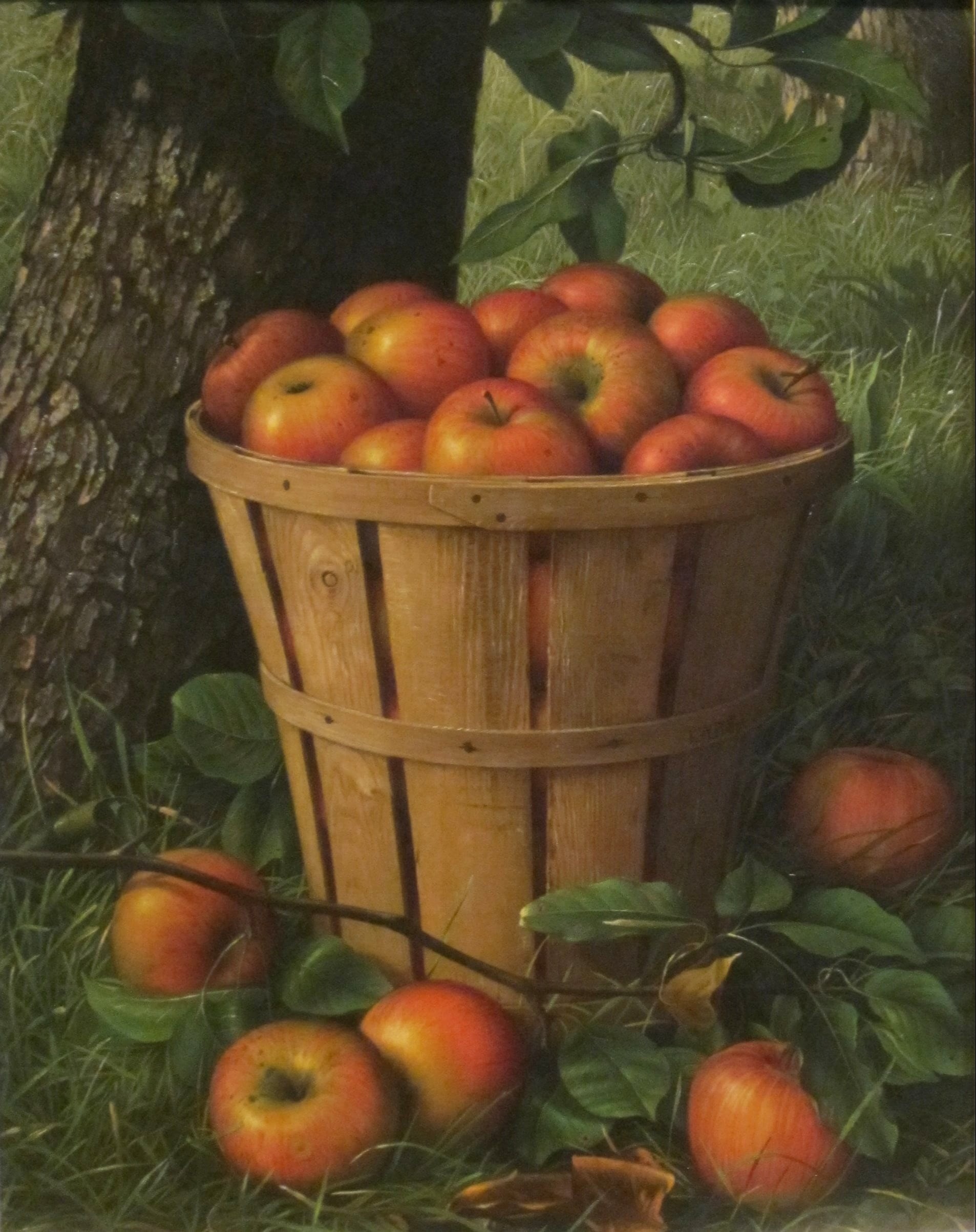 plant, painting, agriculture, large group of objects, plant part, levi wells, apples, oil on canvas, orange, apple, nature, art, basket, healthy eating, Phone HD Wallpaper