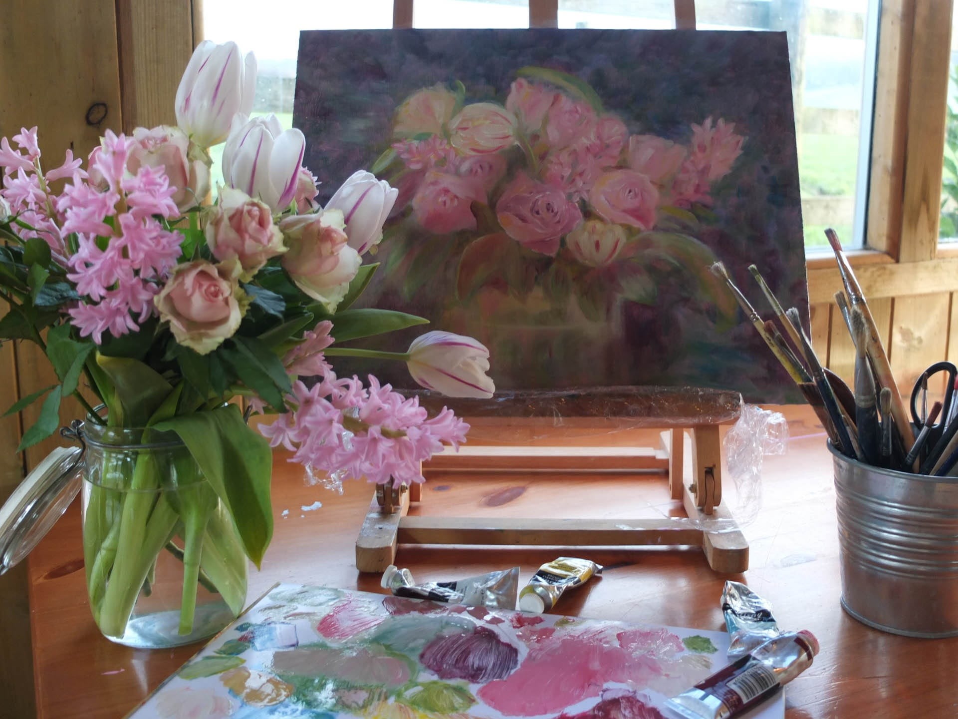 flowers, vase, artistic, rose - flower, home interior, close-up, glass, bunch of flowers, flowering plant, floral, beauty in nature, painting, bouquet, HD Wallpaper