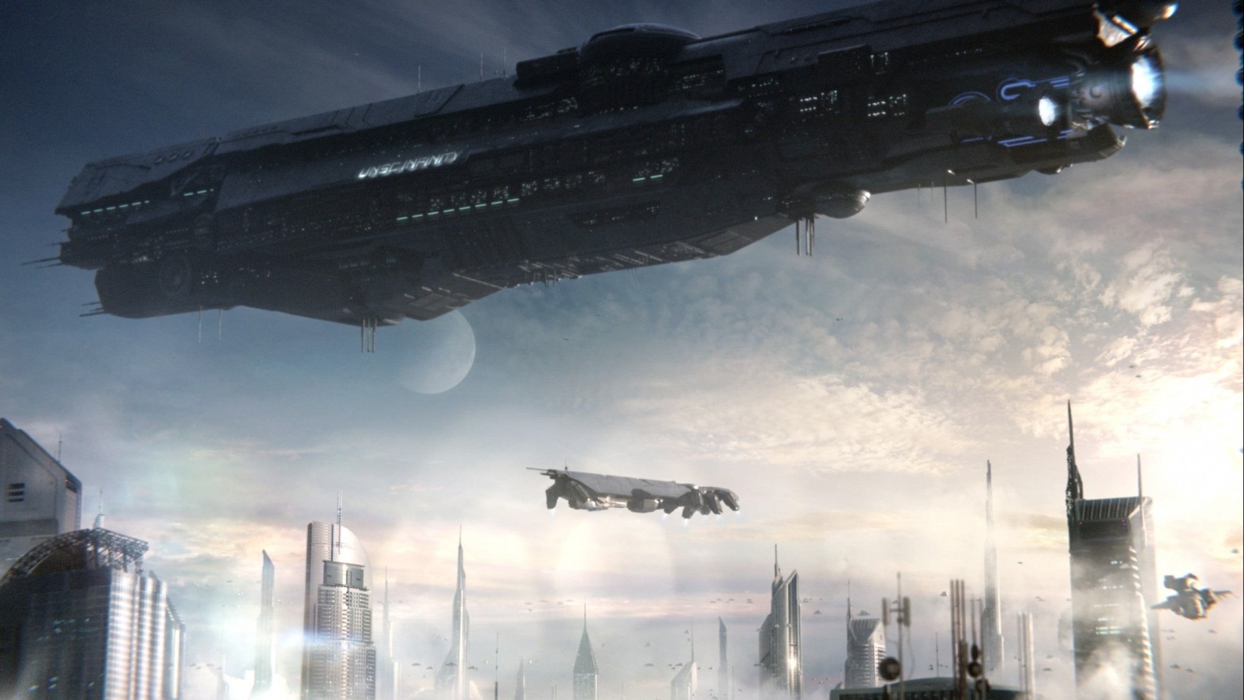 no people, nature, low angle view, office building exterior, flying, machinery, blackair, cityscape, skyscraper, craft, architecture, travel, Halo 4, sky, HD Wallpaper