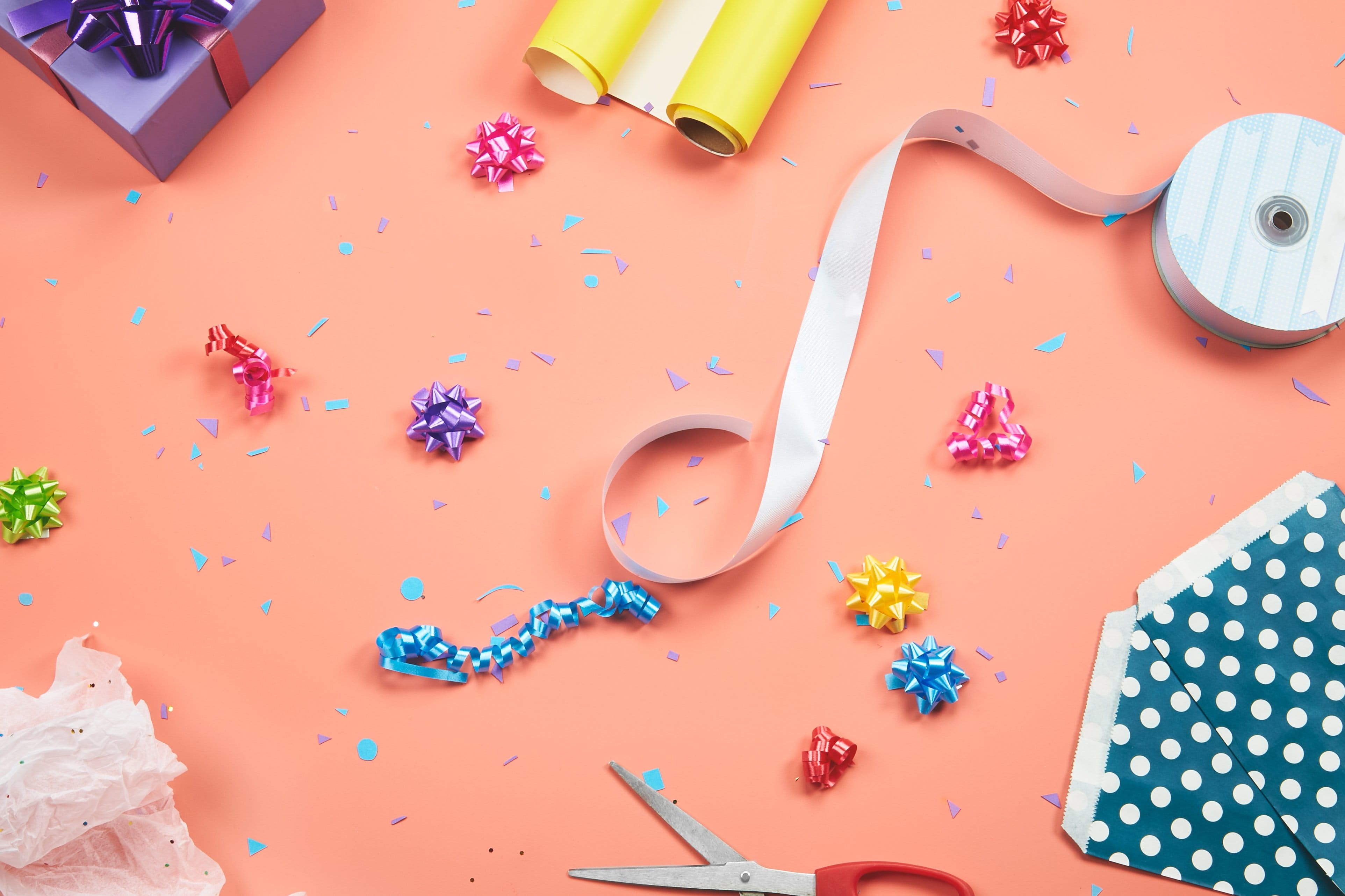 indoors, decoration, Craft/DIY, art and craft, celebration, no people, directly above, Flatlay, gift, wrapping, colored background, supplies, messy, still life, HD Wallpaper