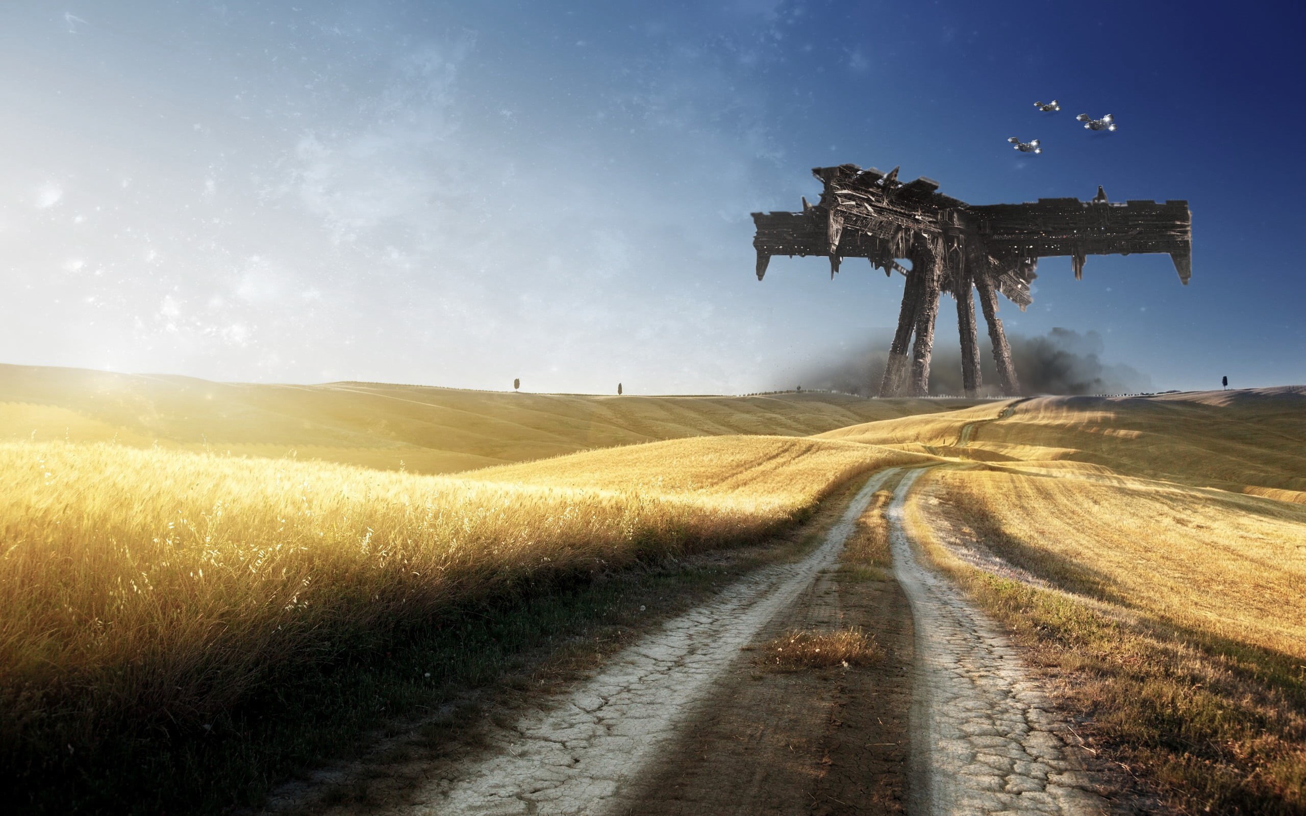 2K, the way forward, direction, black, grass, Falling Skies, outdoors, environment, sky, field, craft, lens flare, land, Earth, space, sunlight, plant, HD Wallpaper