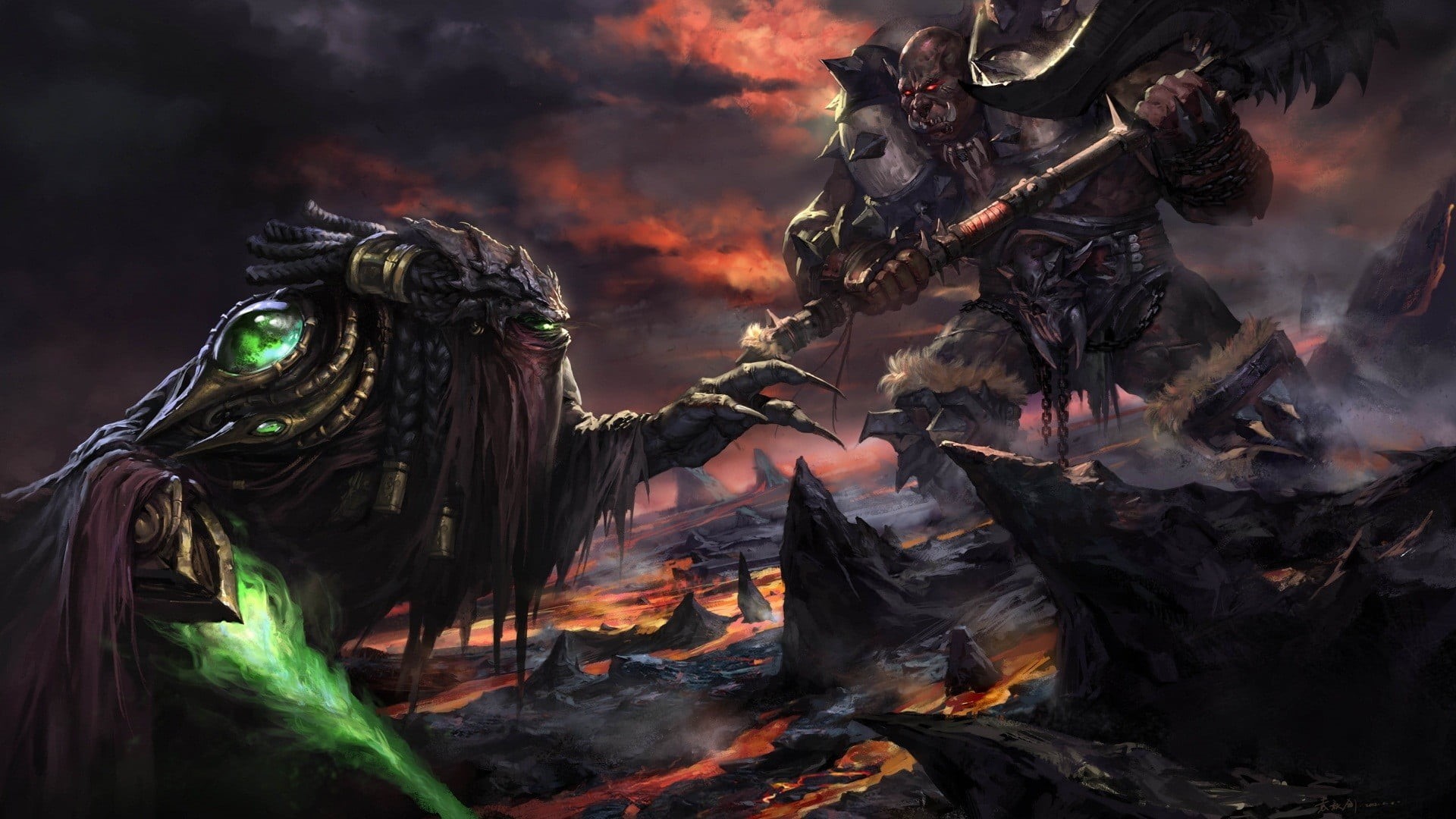 sculpture, event, orcs, Starcraft II, fire, nature, video games, celebration, sky, motion, heat - temperature, representation, burning, Garrosh Hellscream, HD Wallpaper