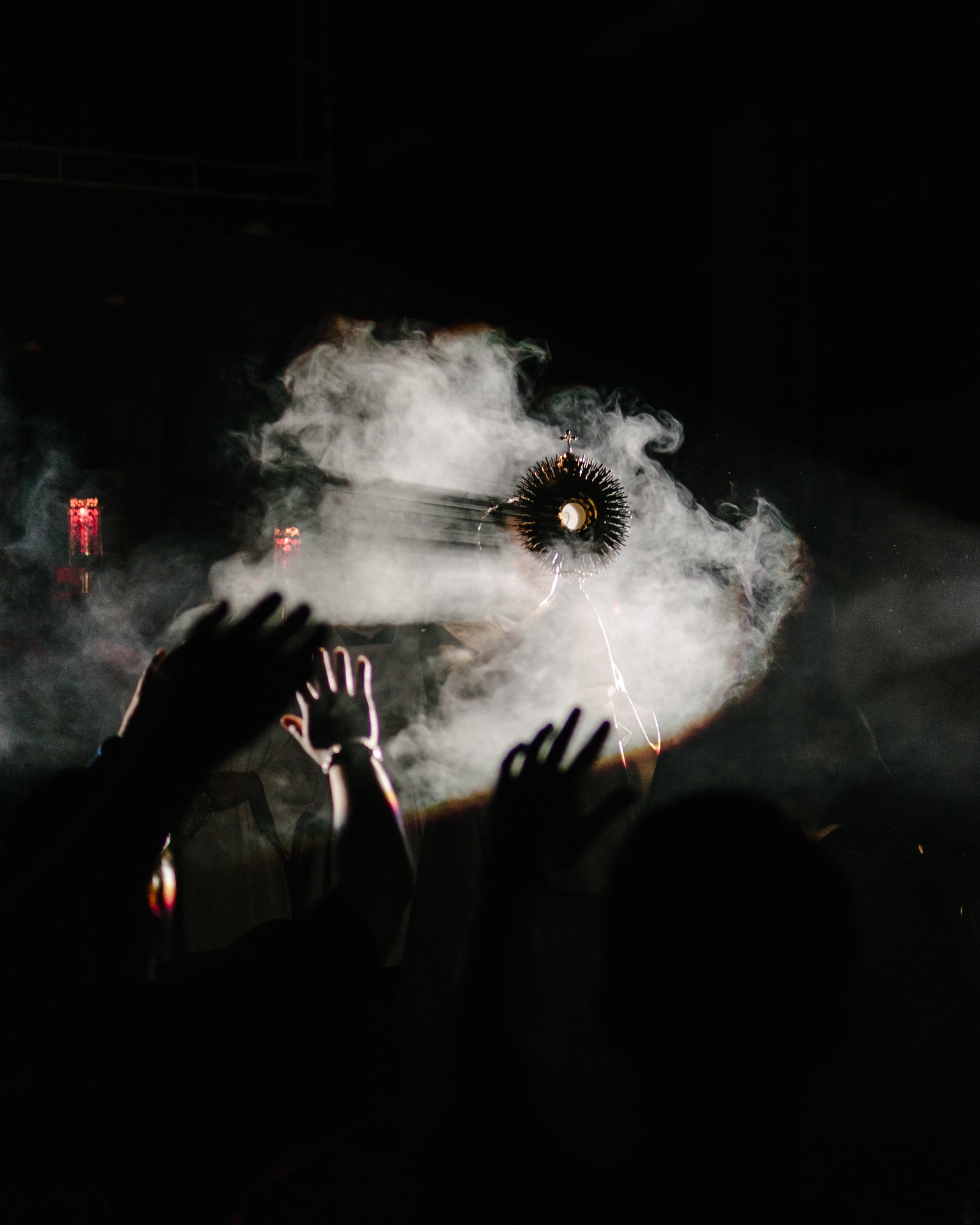 dark, person, group of people, church, people, hands, smoke, left, monstrance, silhouette, black background, raising, performance, music, 4K, eucharist, Phone HD Wallpaper