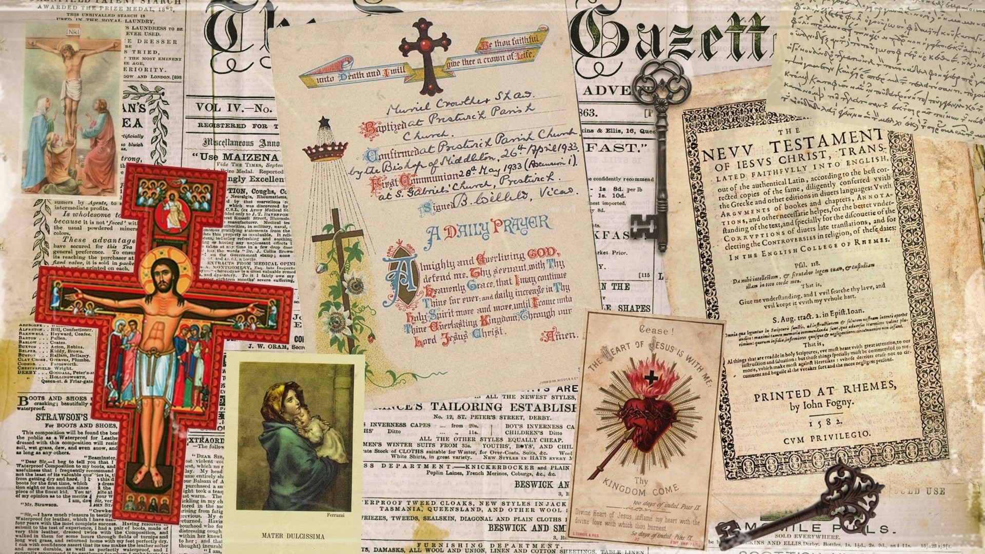 heart, newspapers, keys, 1080P, Holy Bible, cross, Jesus Christ, HD Wallpaper